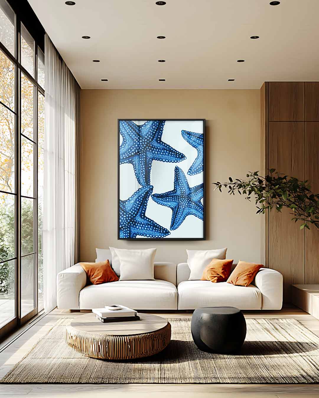 Blauwe zeesterren – plexiglas wanddecoratie in portret formaat