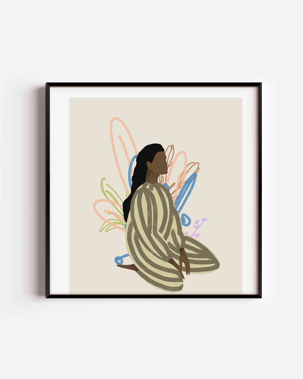 Zittende figuur met abstracte vormen – vrouwelijk portret als vierkante poster