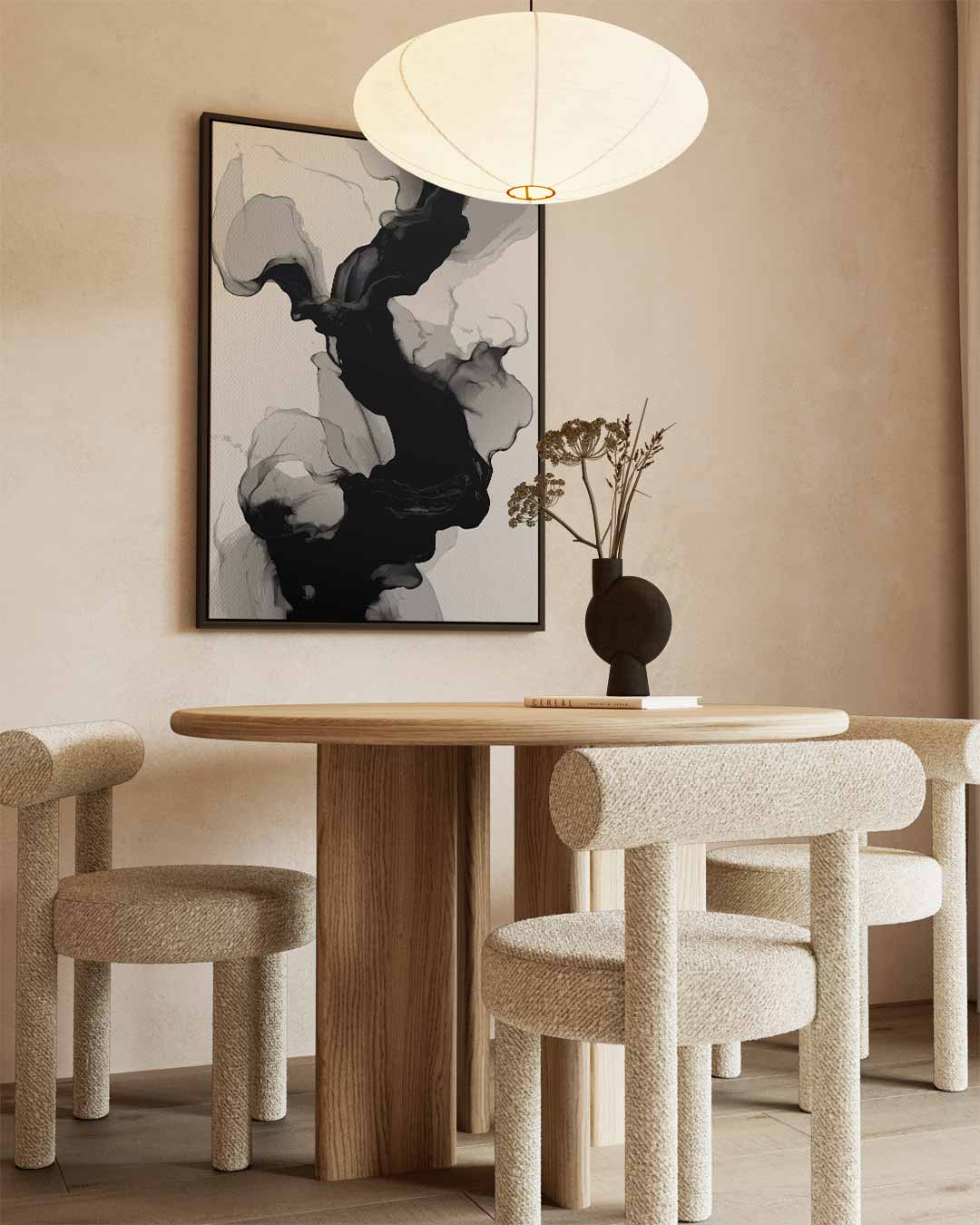 Golvende Zwart-Witte Abstractie – kunstwerk met zwarte baklijst