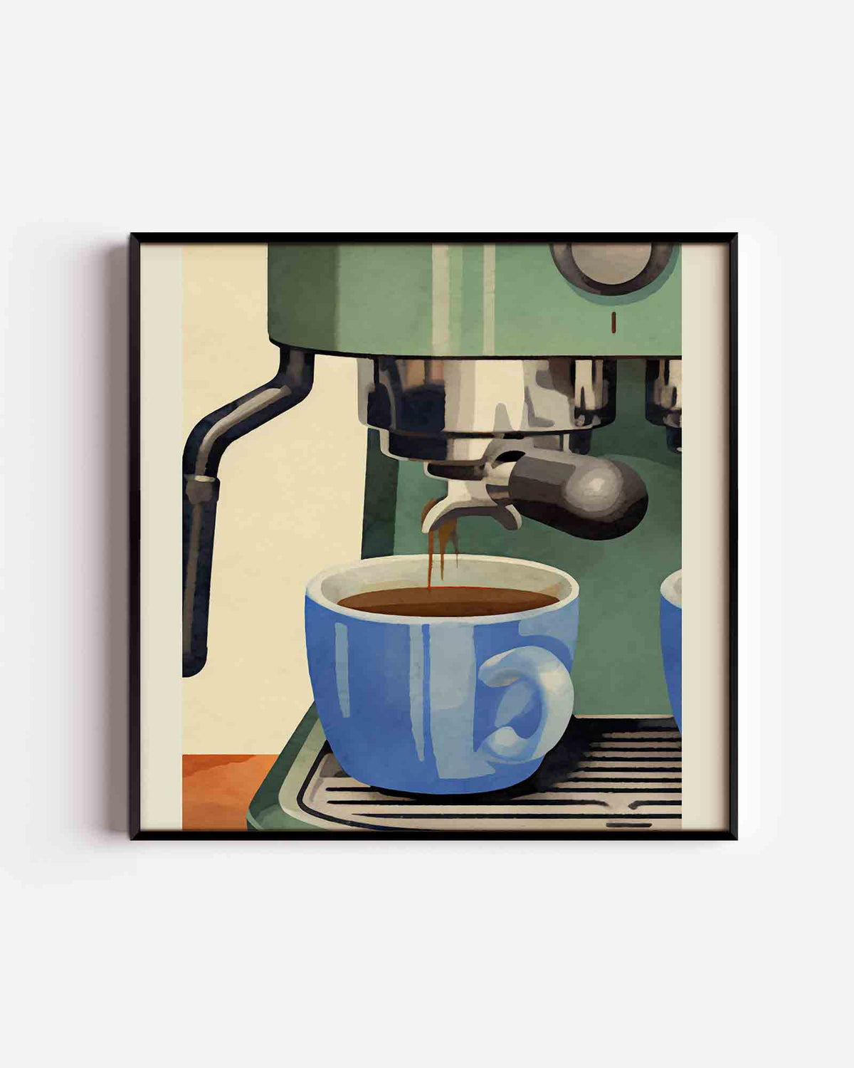 Koffiemachine met blauwe mok – keuken vierkante poster als wanddecoratie