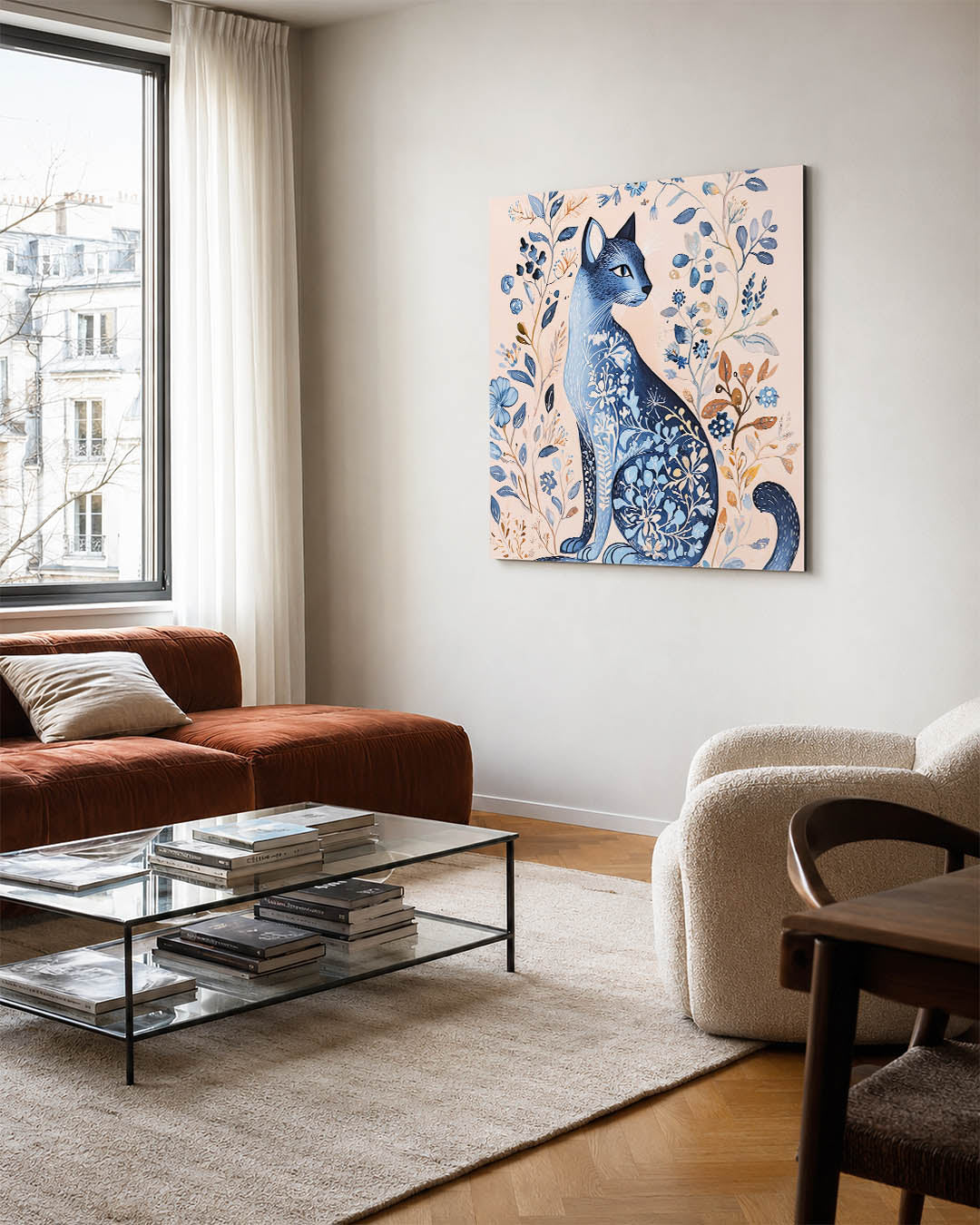 Fantasierijke kat kunstwerk – vierkante wanddecoratie – dit kunstwerk toont een sierlijke kat omringd door gedetailleerde