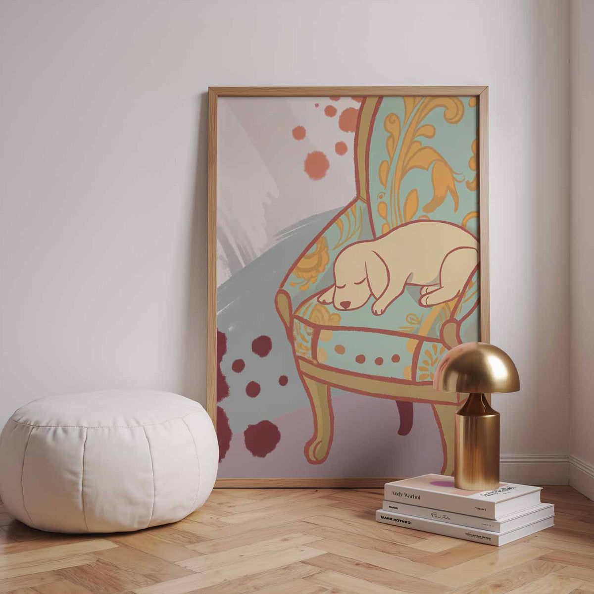 Dromerig Slapende Pup op Vintage Stoel – dieren poster in staand formaat