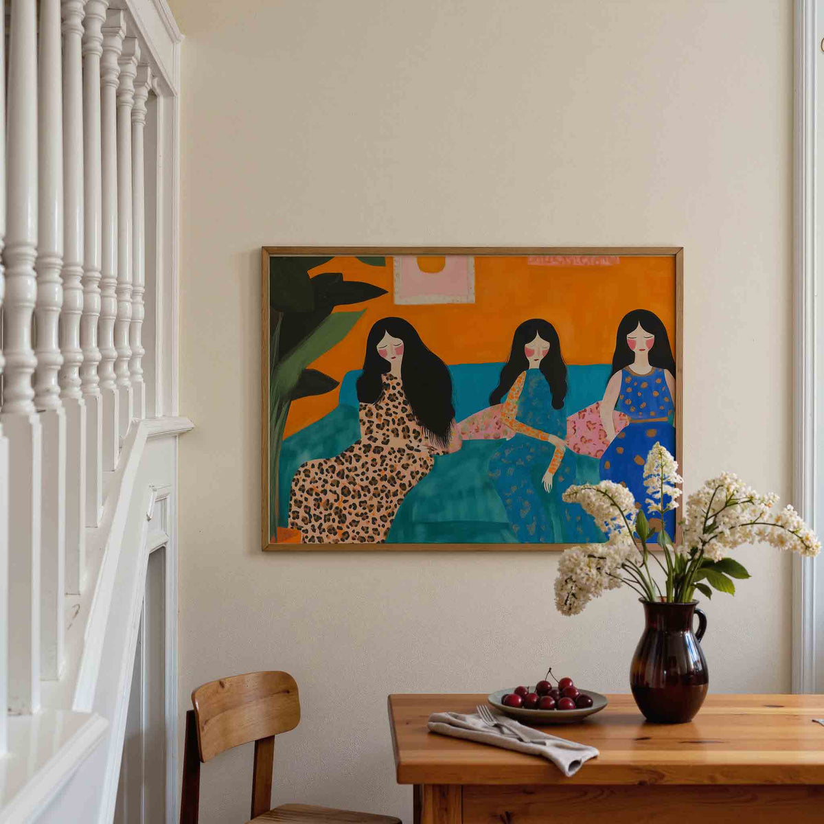 Drie vrouwen op bank – liggende illustratie poster als wanddecoratie