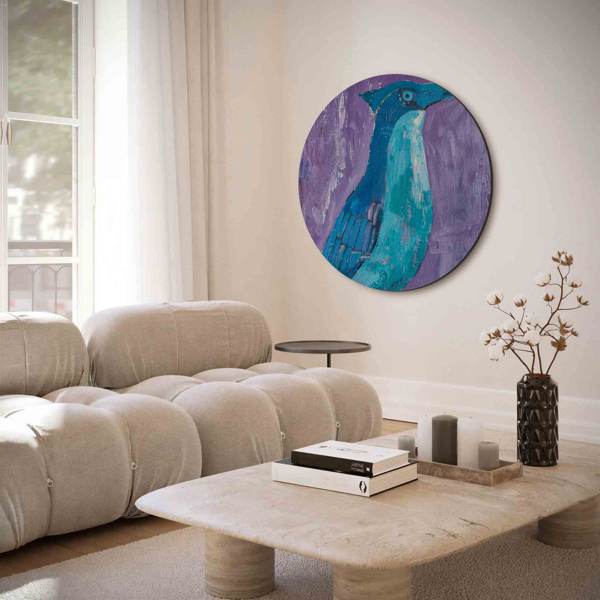Blauwe vogel – muurcirkel met abstracte texturen voor aan de muur