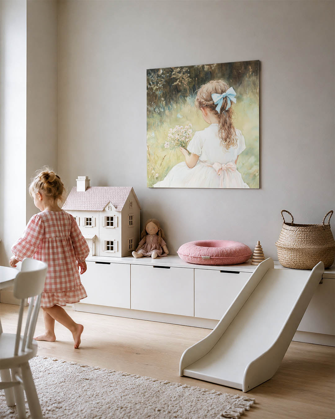 Meisje met bloemen kunstwerk – tweede productweergave – een jong meisje in een witte jurk met een blauwe strik in haar haar