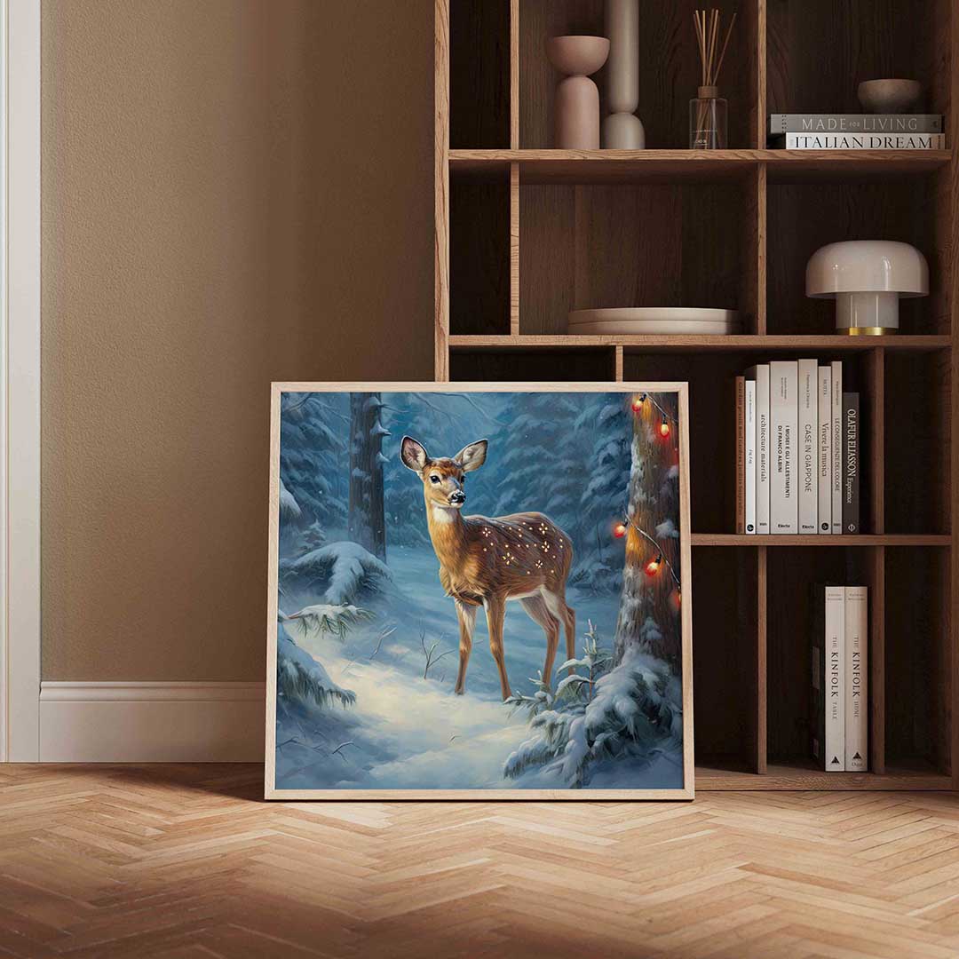 Hert in besneeuwd bos – kerstposter in vierkant formaat