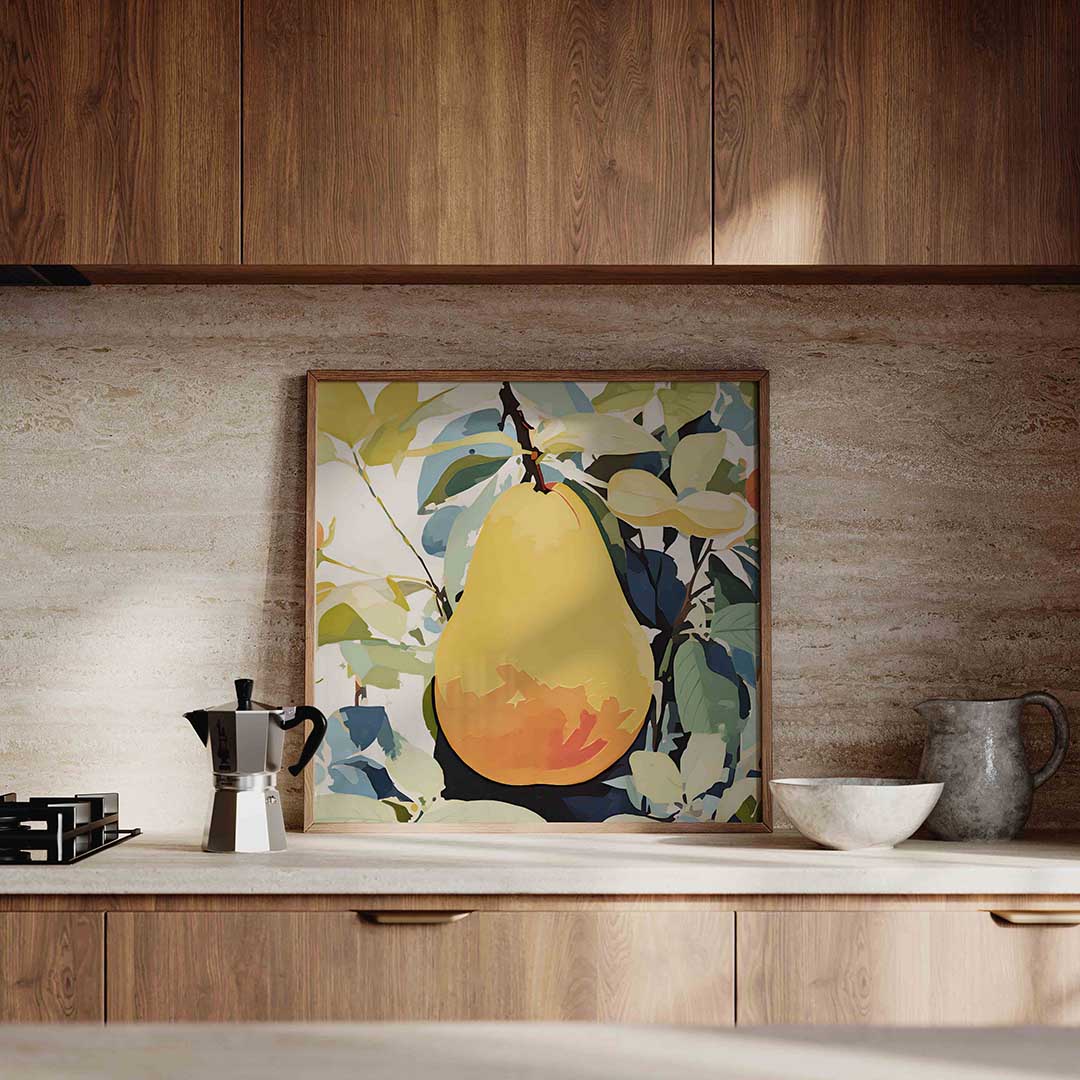 Gele peer – culinaire wandkunst als vierkante poster