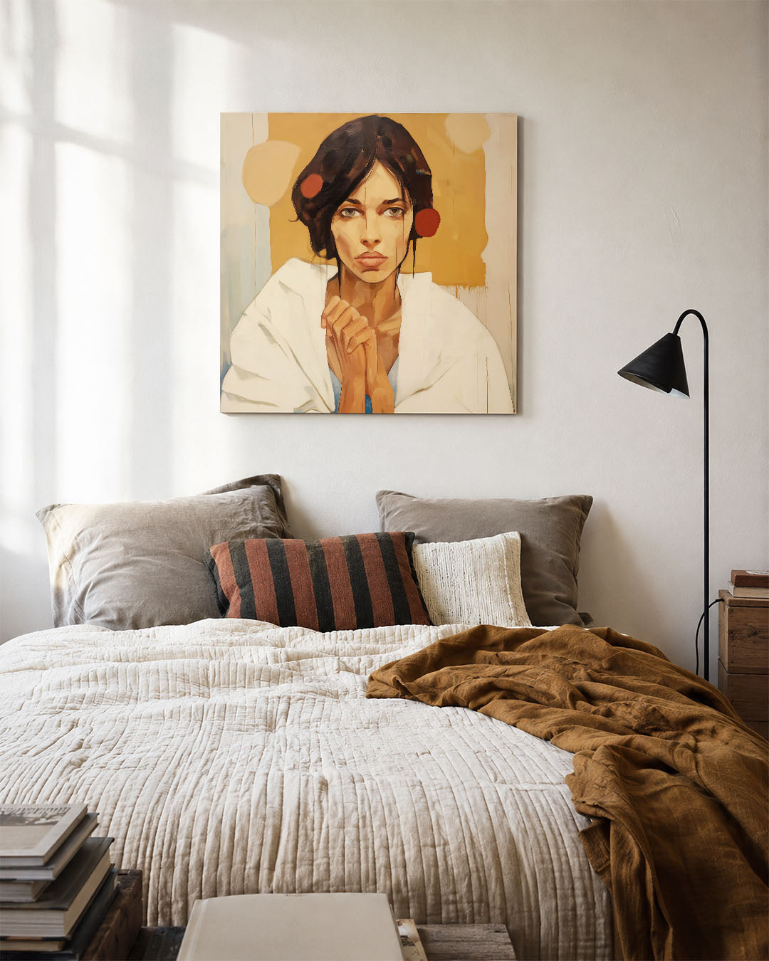 Portretstudie kunstwerk – detailweergave – dit werk toont een vrouw met een intense blik. De compositie is evenwichtig met