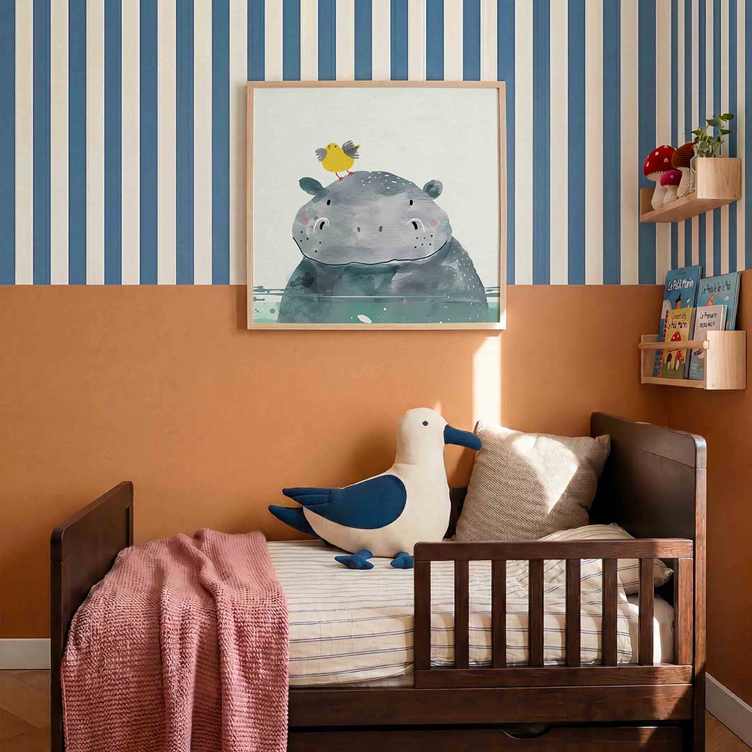 Nijlpaard met vogel – kids poster in vierkant formaat