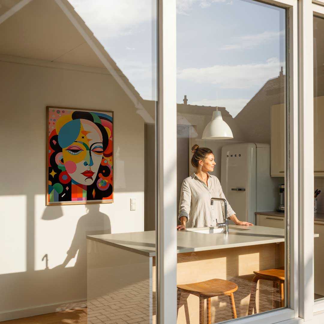 Kleurrijke Gezichtsillusie Kunstposter – vrouwelijke portretposter in staand formaat