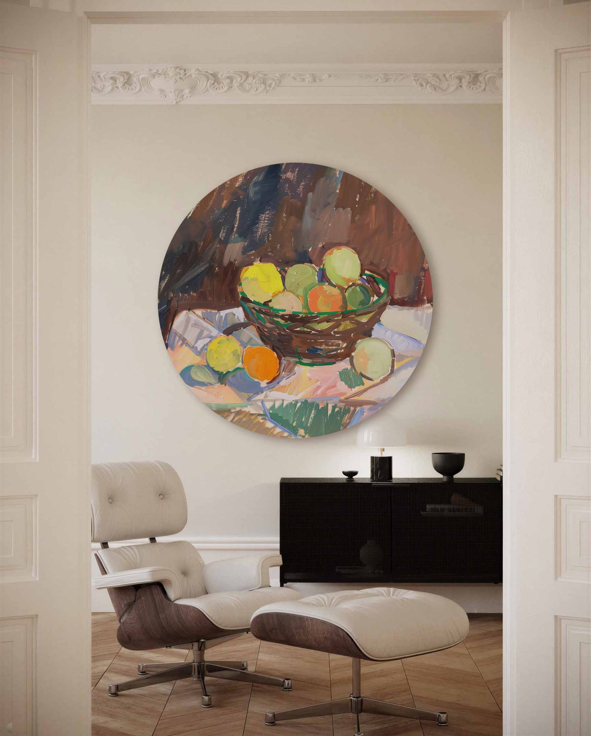 Fruitmand – muurcirkel met kleur en vormen voor aan de muur