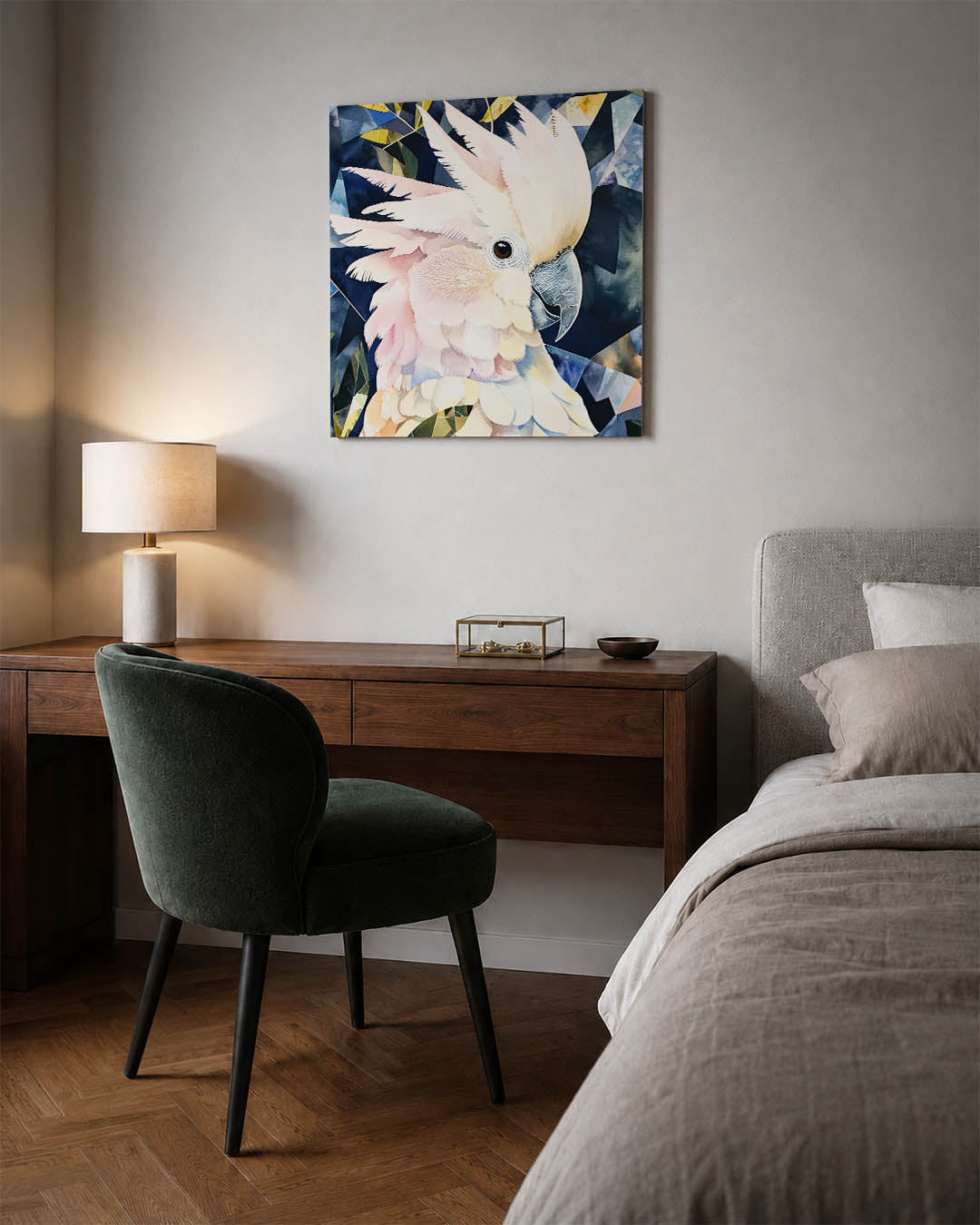 Geometrische vogel kunstwerk – materiaalweergave – dit kunstwerk toont een vogel met zachte, vloeiende lijnen en geometrische