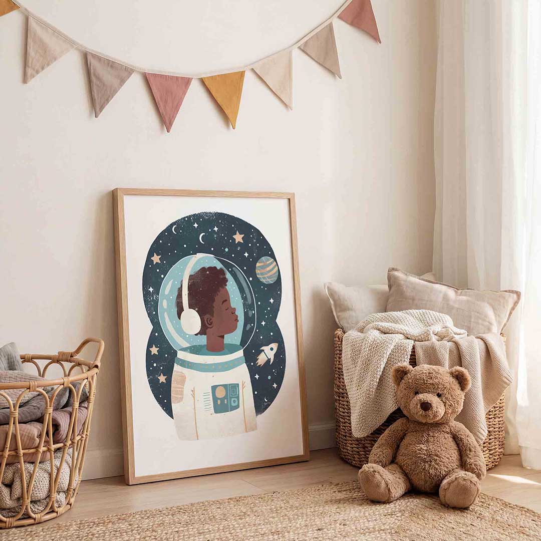 Astronaut met sterren – speelse wandkunst als portret kinderposter