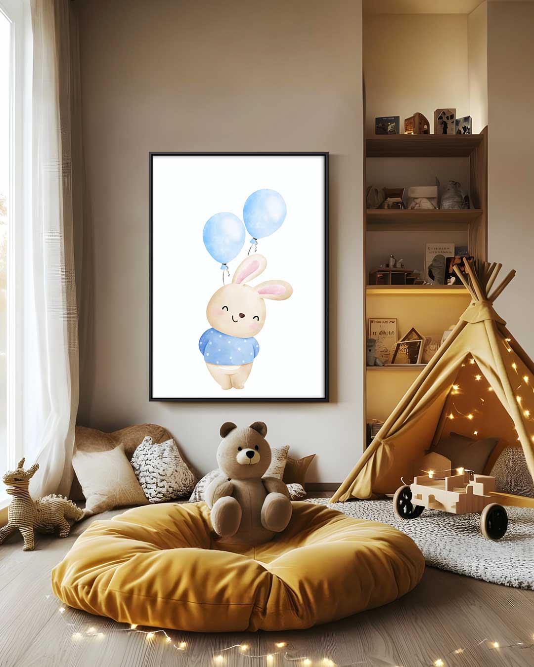 Vrolijk Konijntje met Ballonnen – modern portret kunstwerk van WallArtistic