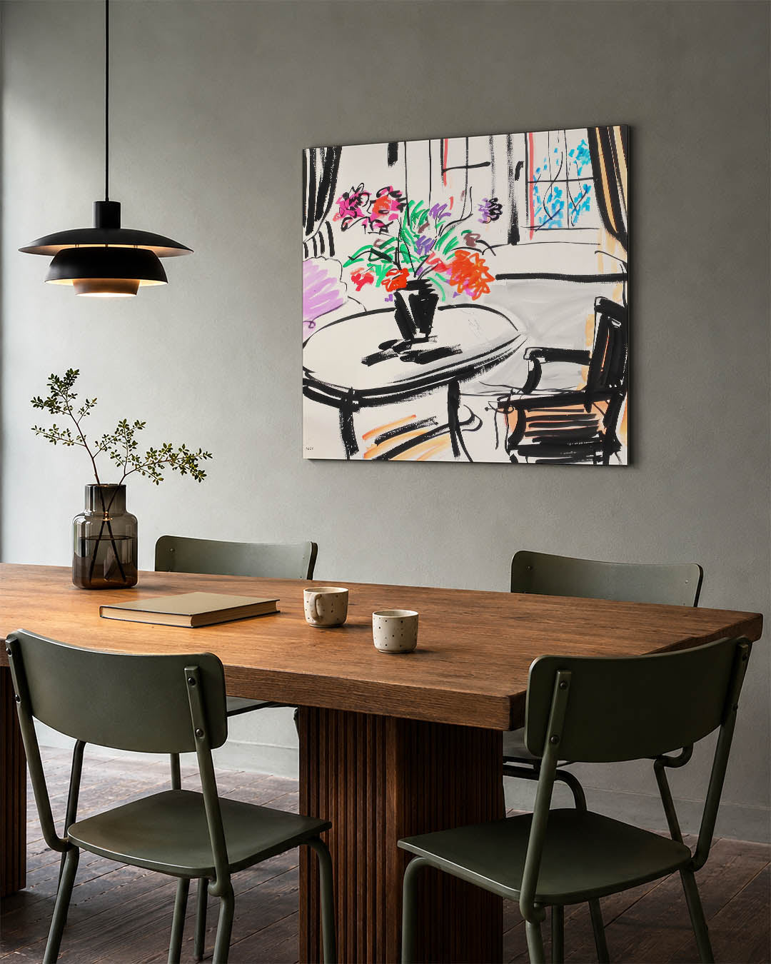Kleurrijke interieurtekening kunstwerk – tweede productweergave – dit toont een levendige interieurtekening met vloeiende