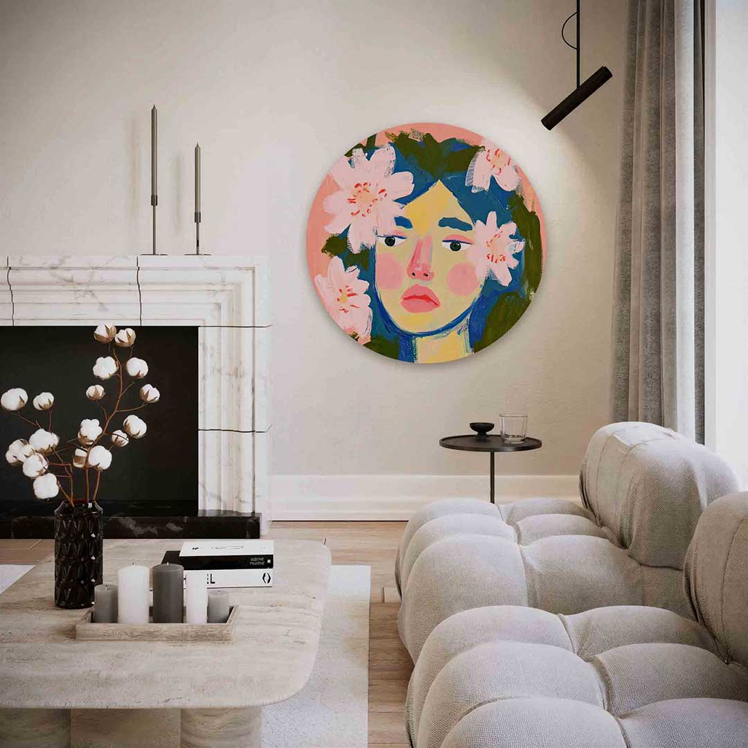 Portret met bloemen – abstracte textuur muurcirkel als wanddecoratie