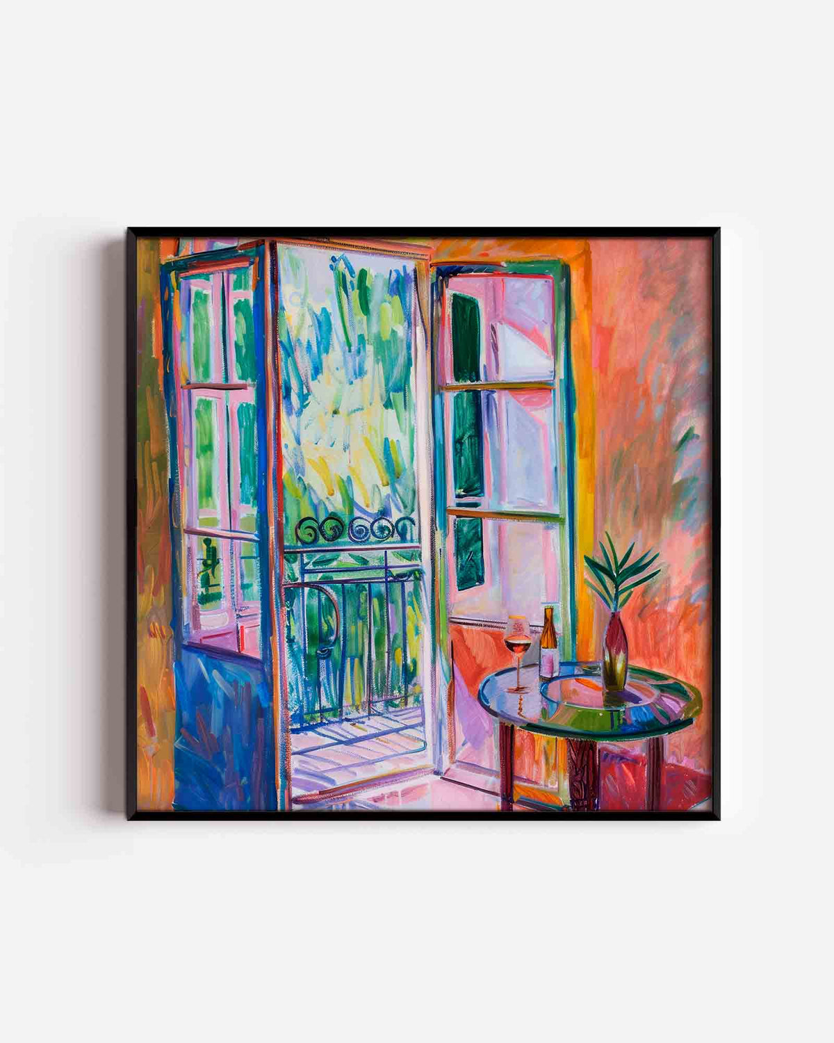 Open balkon met tafel – kleurrijke illustratie poster als wanddecoratie