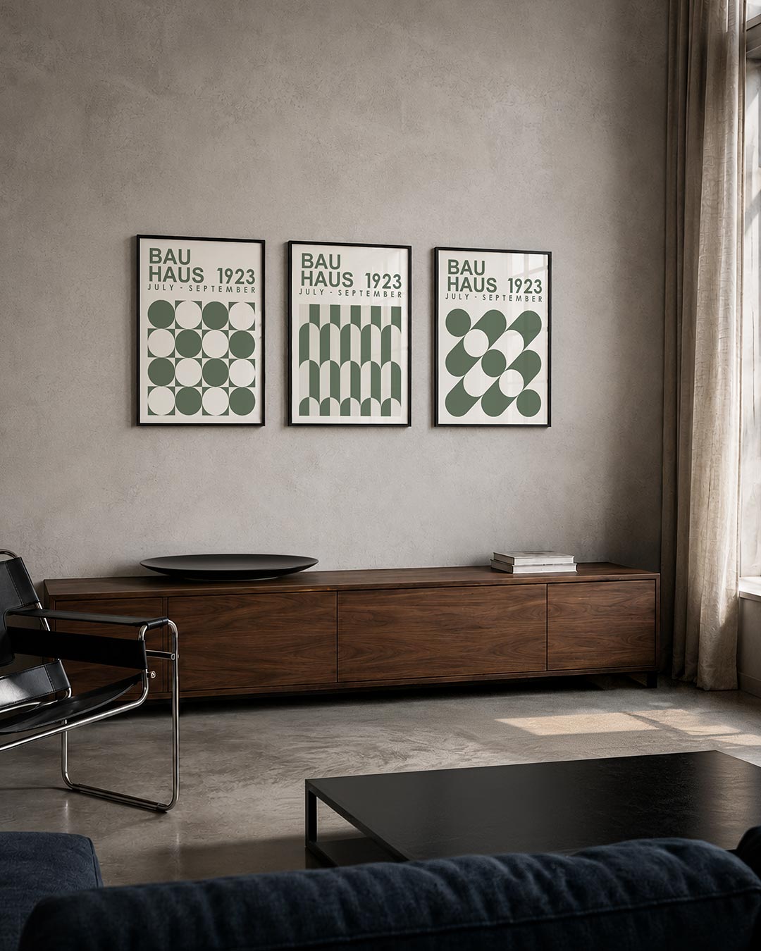 Cirkel en vierkant driedelige posterset – deze posterset in drie delen toont een ritmisch spel van cirkels en vierkanten in