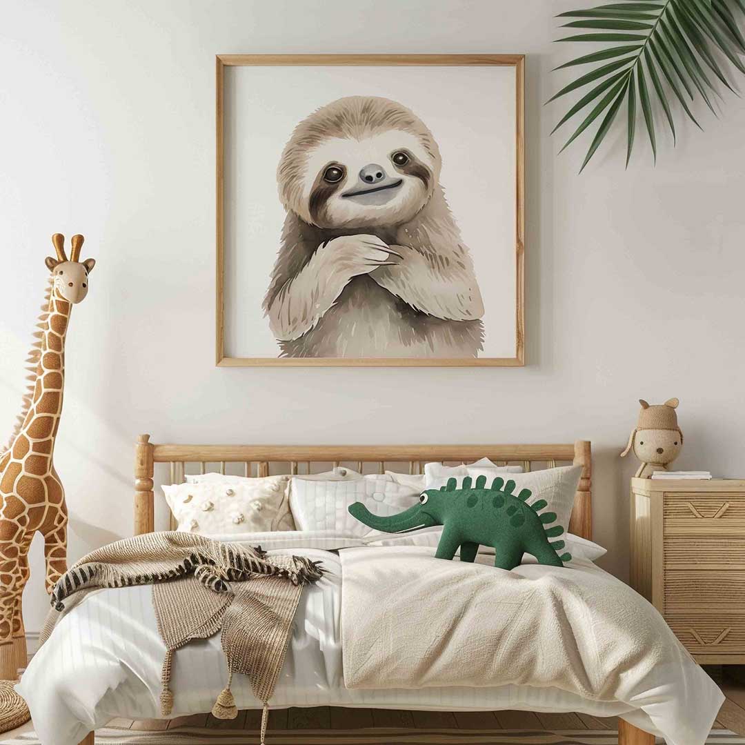 Lachende luiaard – vierkante kinderkamer wanddecoratie van WallArtistic