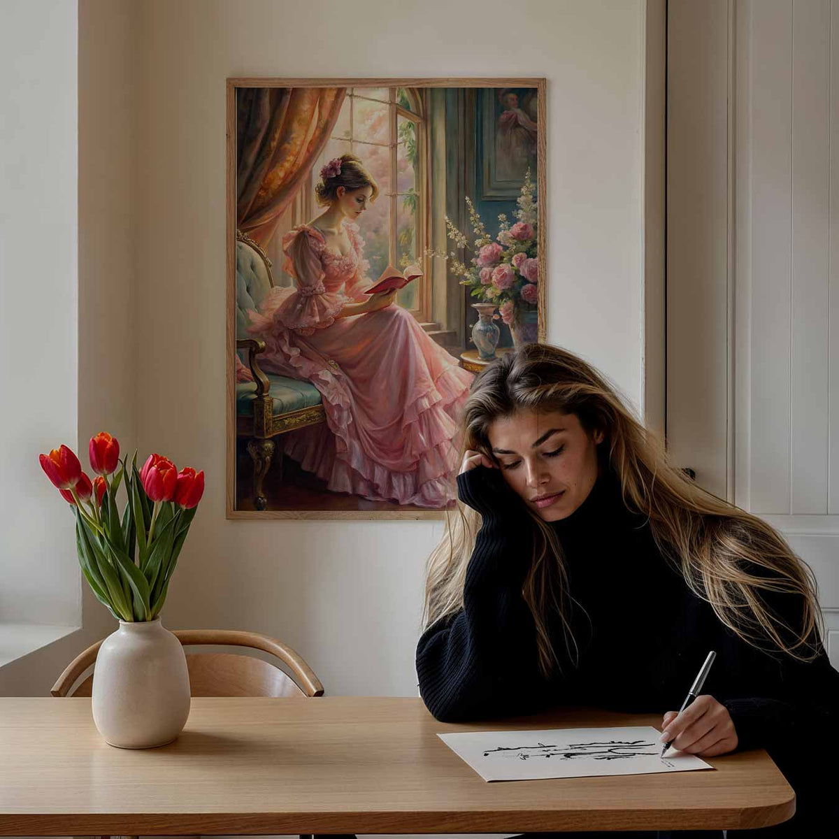 Romantische Lezende Dame – paasposter in staand formaat
