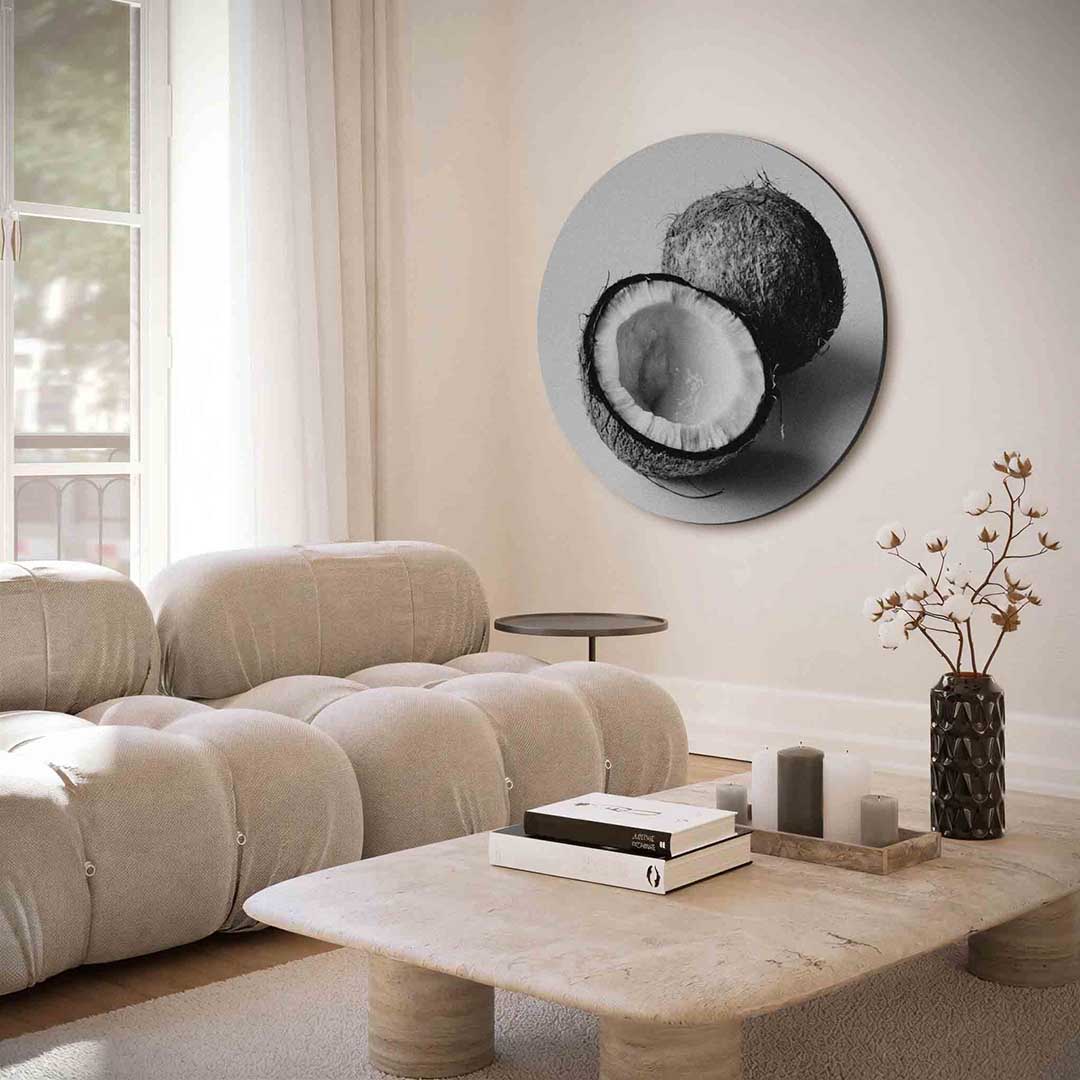 Kokosnoot zwart wit – portret muurcirkel als ronde muurdecoratie