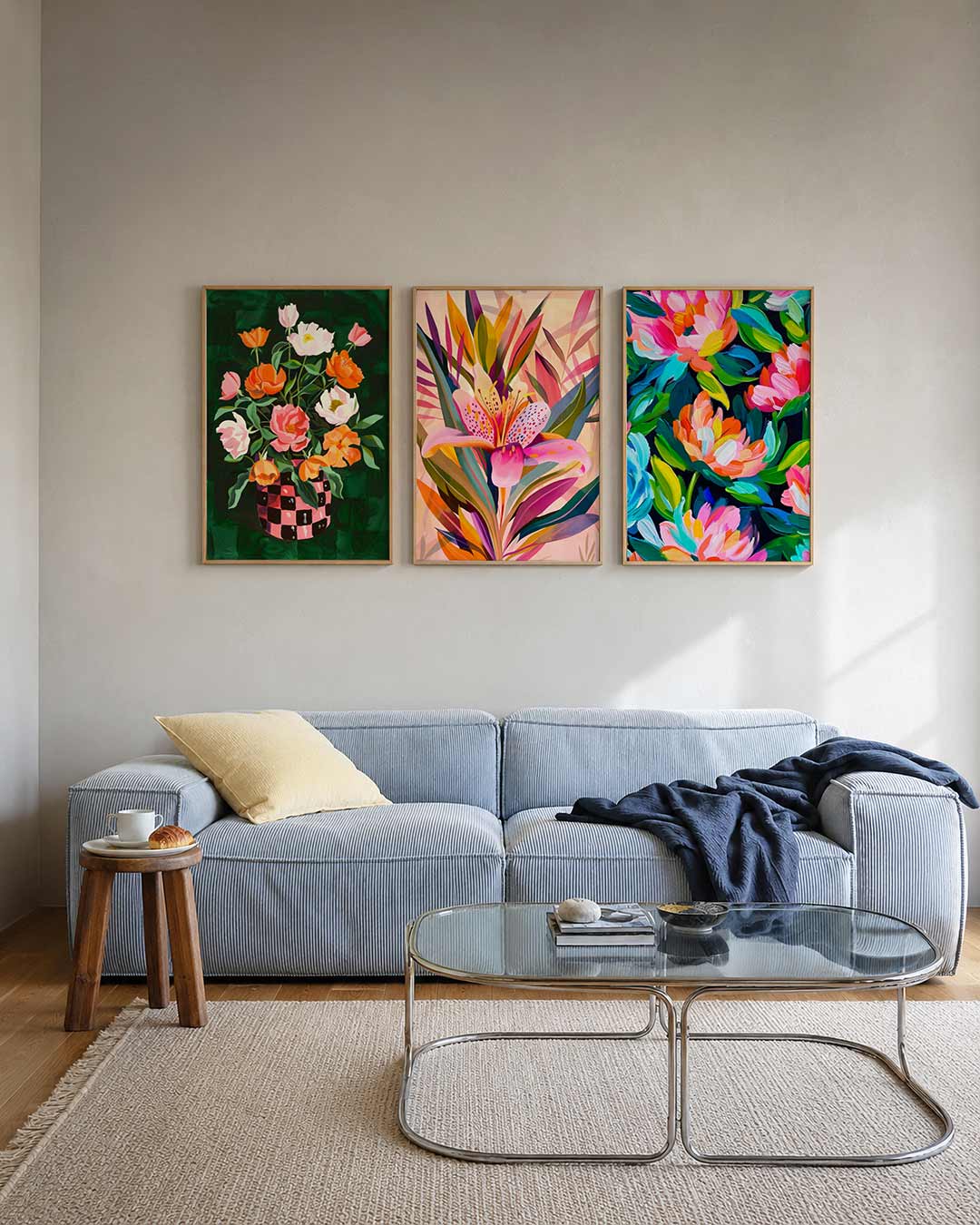Bloemenpracht in vaas posterset – tweede productweergave – een levendige bloemencompositie met oranje en roze bloemen