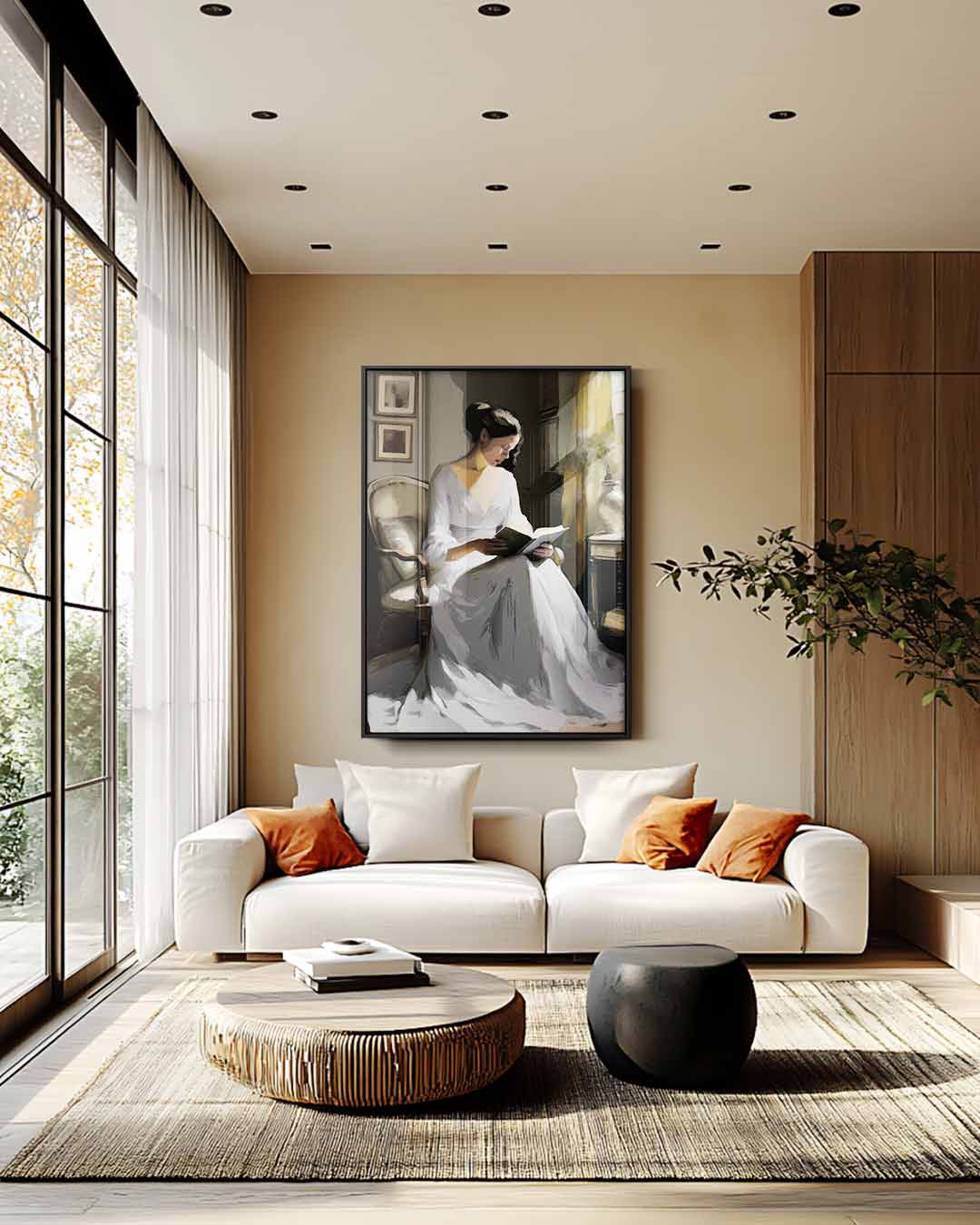 Vrouw Lezend in de Zonnestraal – plexiglas wanddecoratie in portret formaat