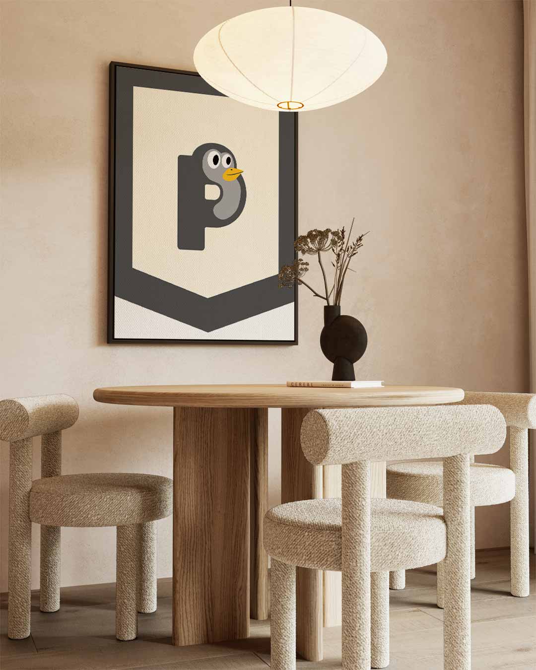 Vrolijke Pinguïn-Mascotte – kunstwerk met zwarte baklijst