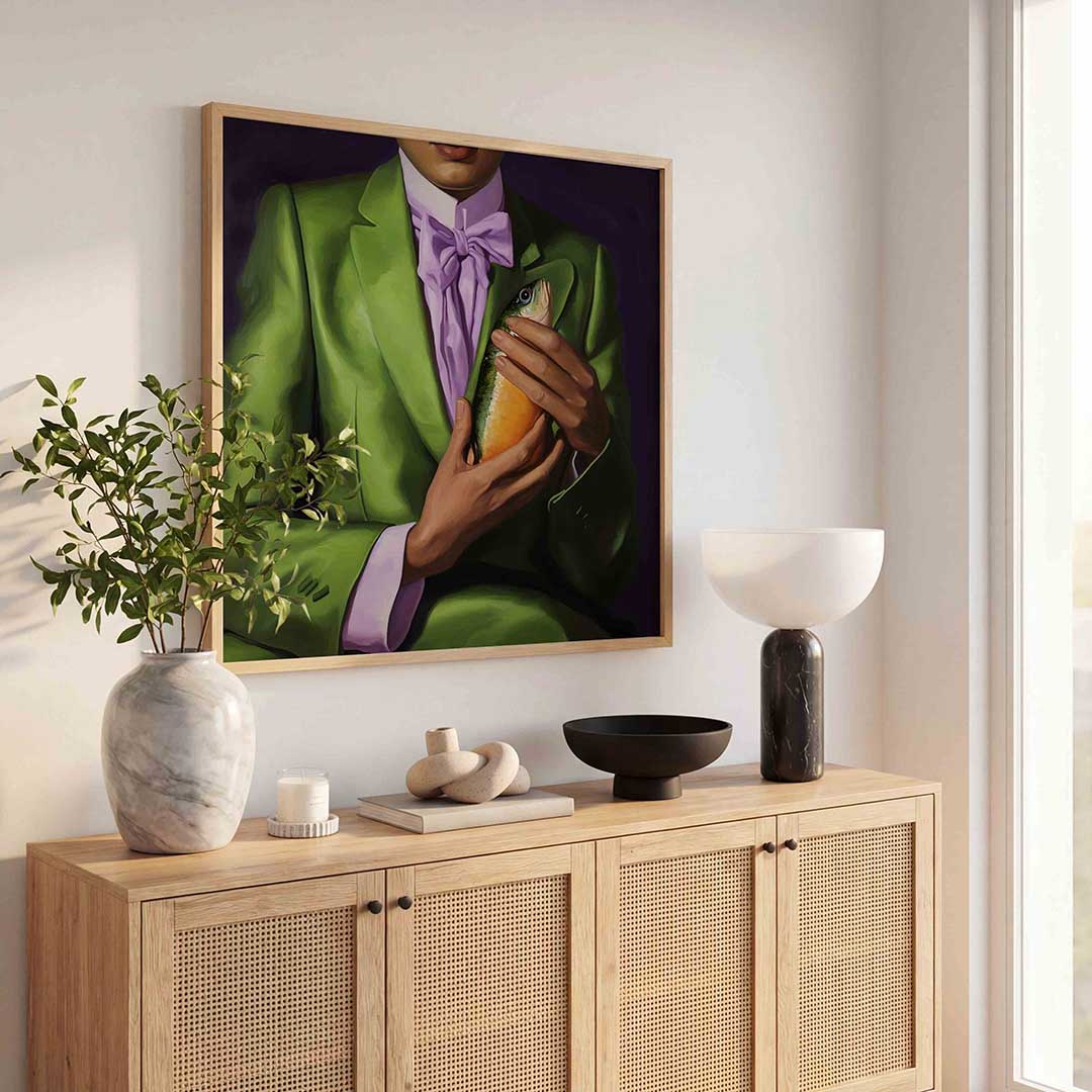 Groen pak met vis – kleurrijke poster in vierkant formaat