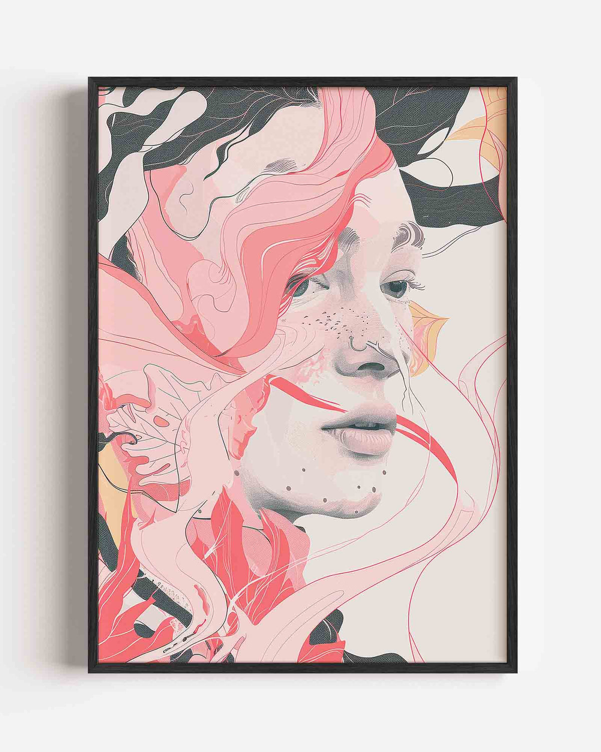 Vrouwelijk gezicht met roze lijnen – Kunst & Design poster als staande wanddecoratie