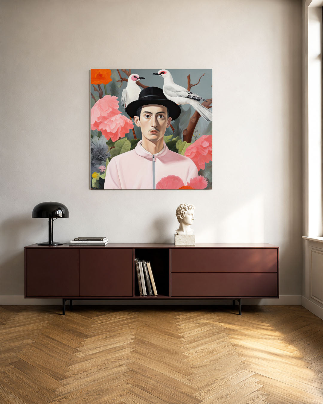 Vogels en bloemen portret kunstwerk – tweede productweergave – dit werk toont een man met een hoed, omringd door kleurrijke