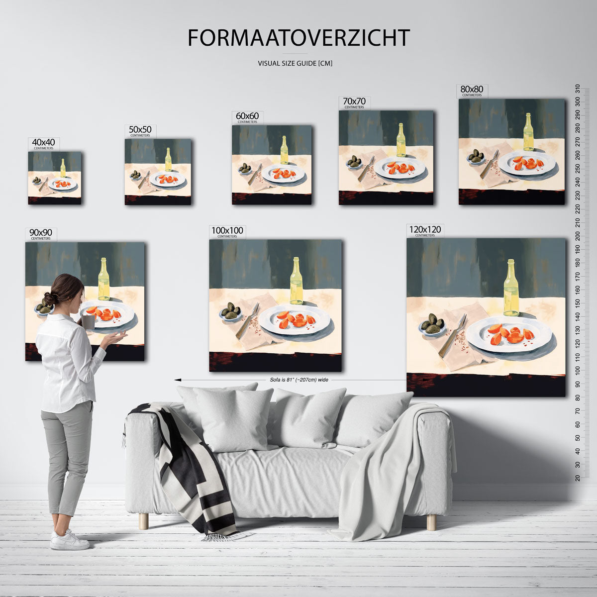 Stilleven met fles en fruit – vierkante muurposter met kleurrijke vormen