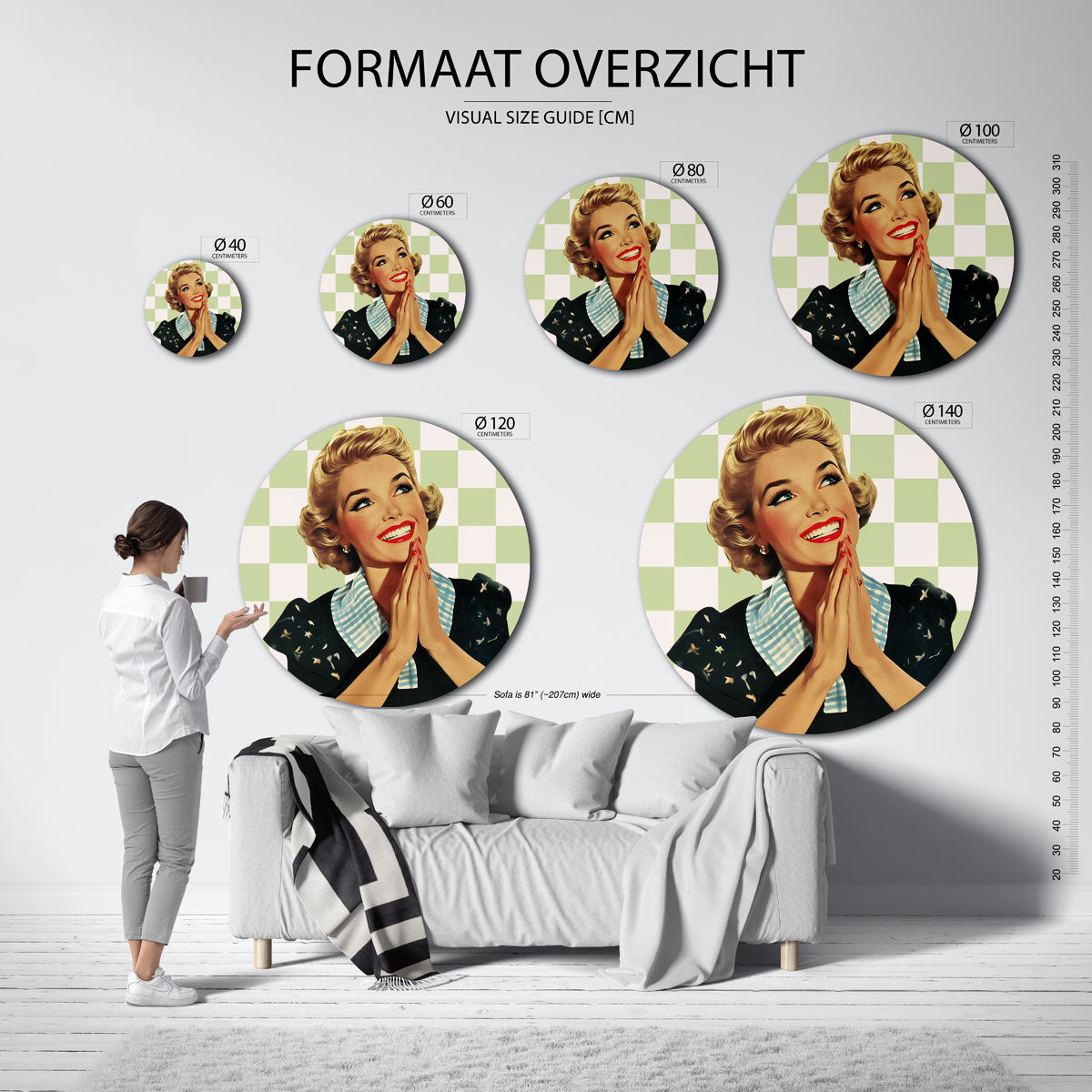 Vrouw met geruite achtergrond – kleurrijke ronde muurdecoratie in Pop Art stijl