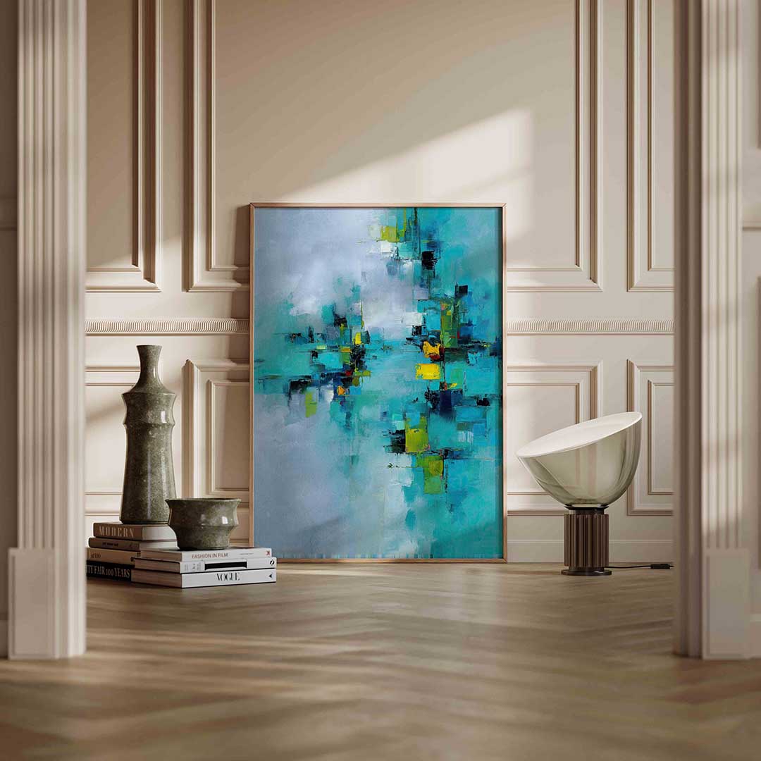 Abstracte blauwe compositie – staande abstracte wanddecoratie van WallArtistic