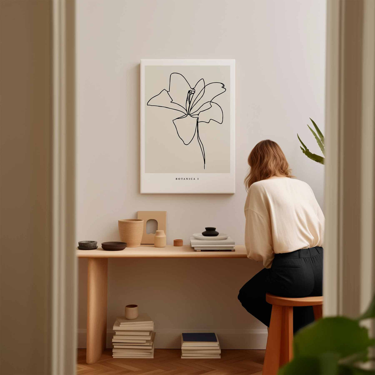 Elegante Bloemenlijntekening – modern portret kunstwerk van WallArtistic