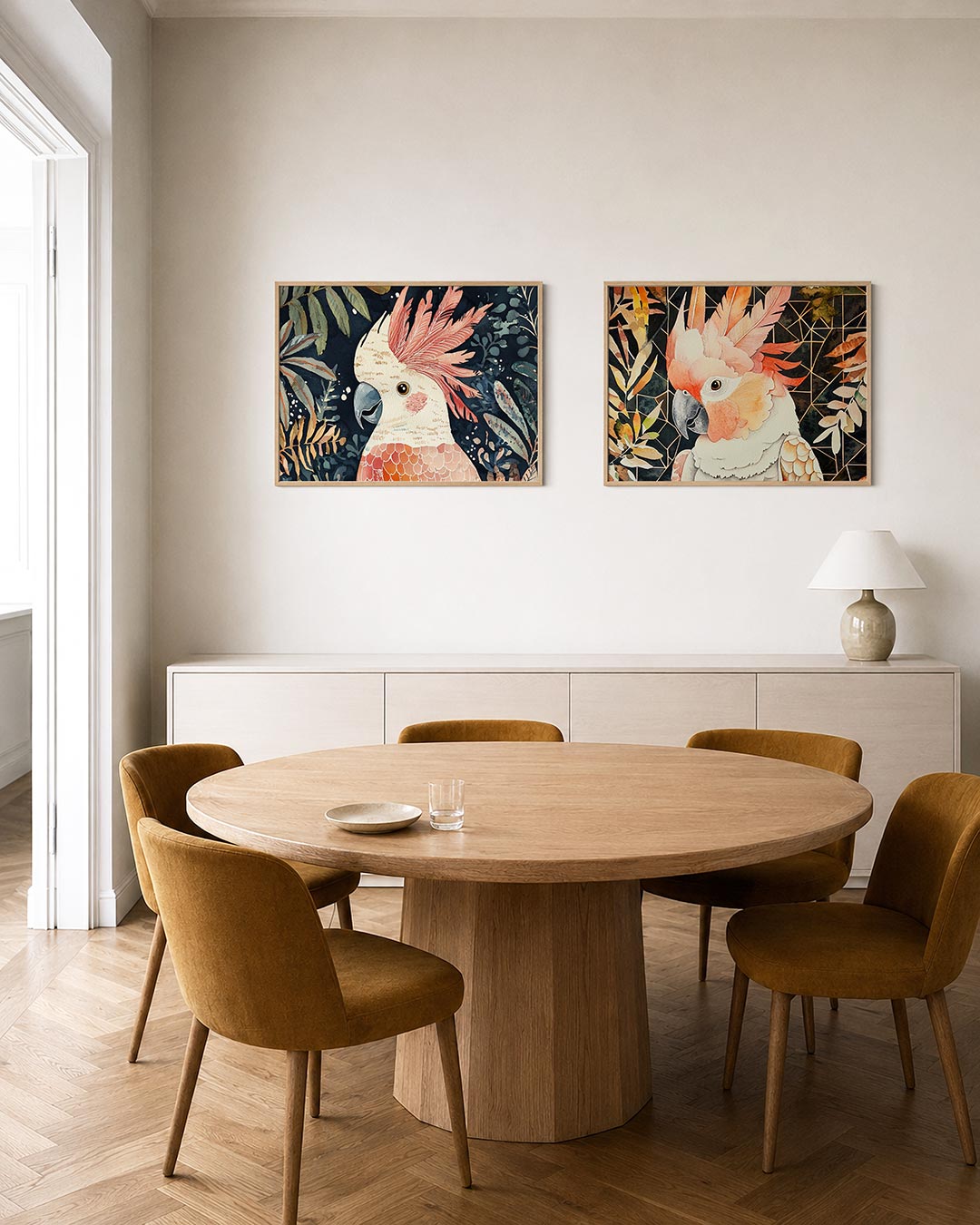 Twee liggende posters met een kleurrijke vogel met roze veren en een donkere snavel, aan de muur in een interieur