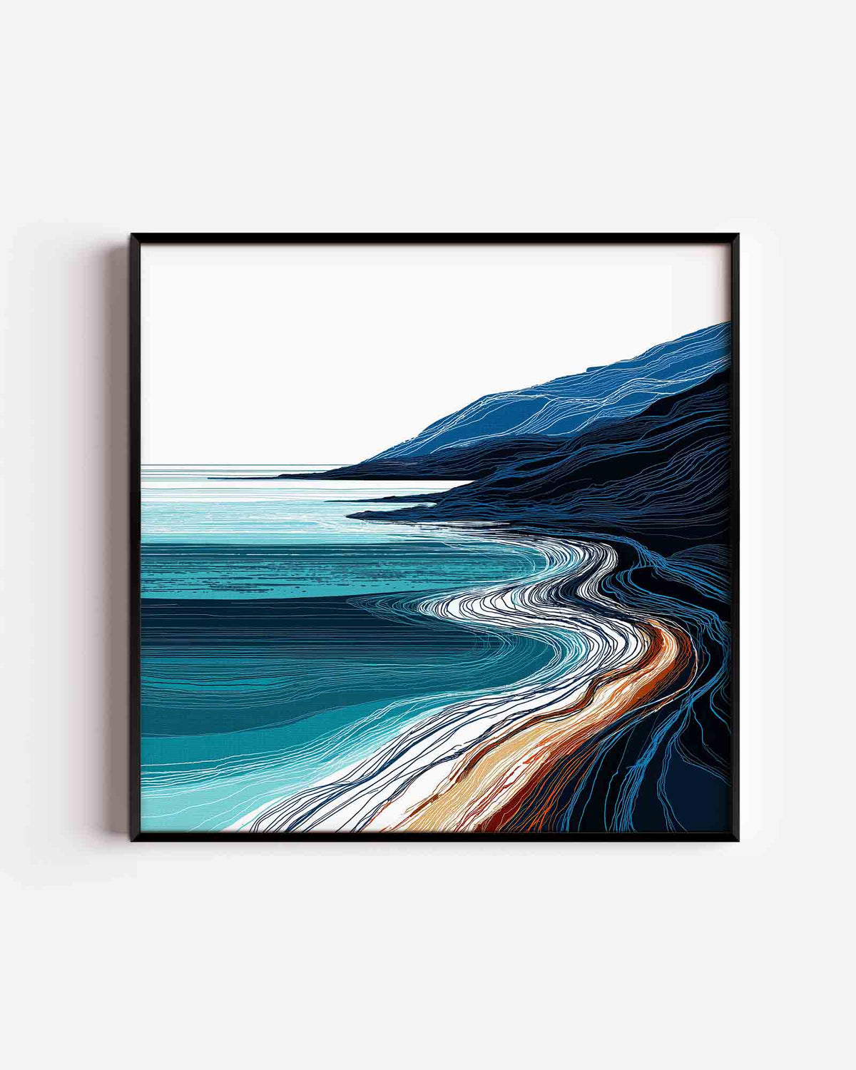 Kustlijn met blauwe golven – abstracte vierkante poster als wanddecoratie