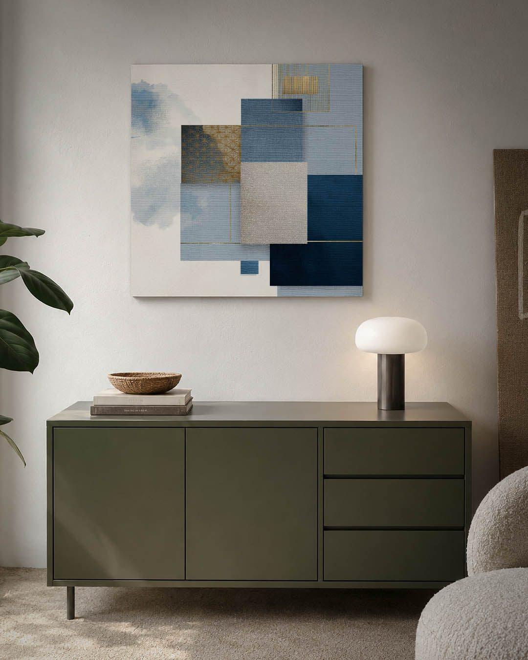 Geometrische compositie kunstwerk – detailweergave – dit werk toont een harmonie van rechthoeken en lijnen in blauw, beige en