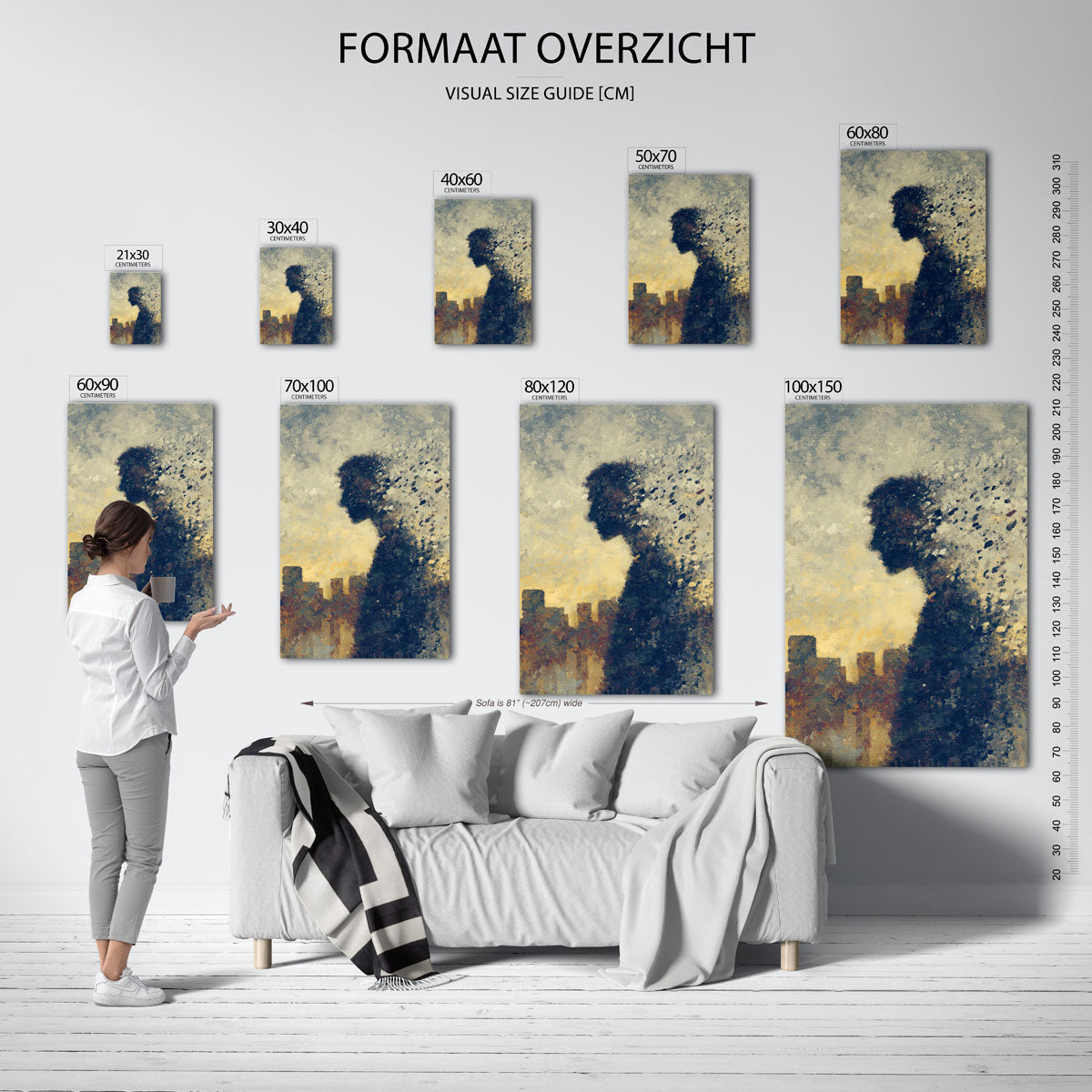 Silhouet met stad – staande muurposter met abstracte vormen