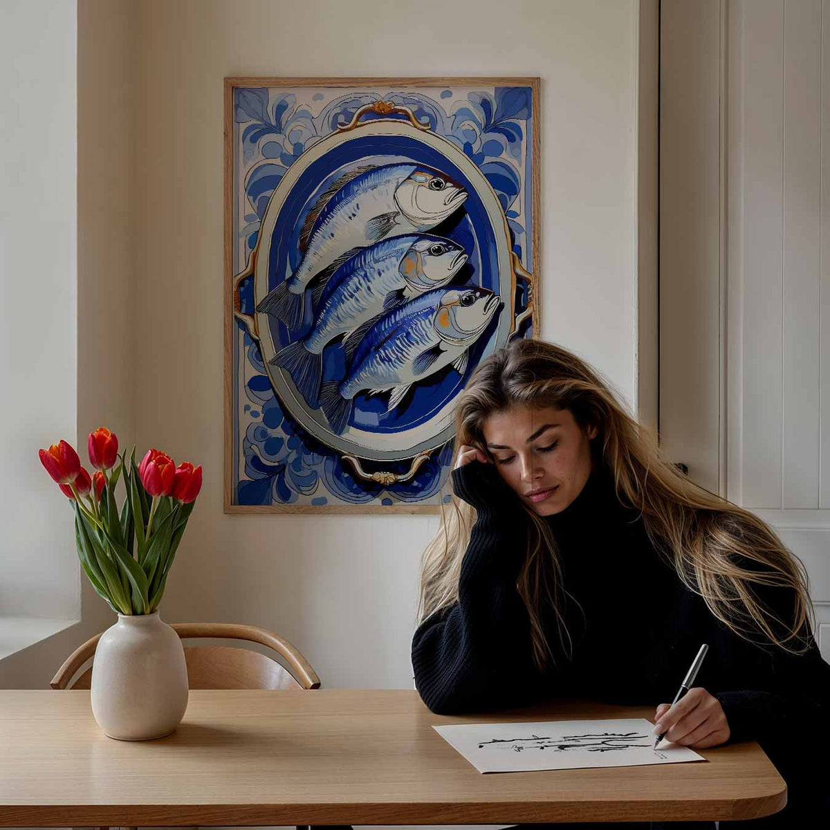 Stijlvolle Blauwe Visprint – keuken poster als sfeervolle staande wanddecoratie