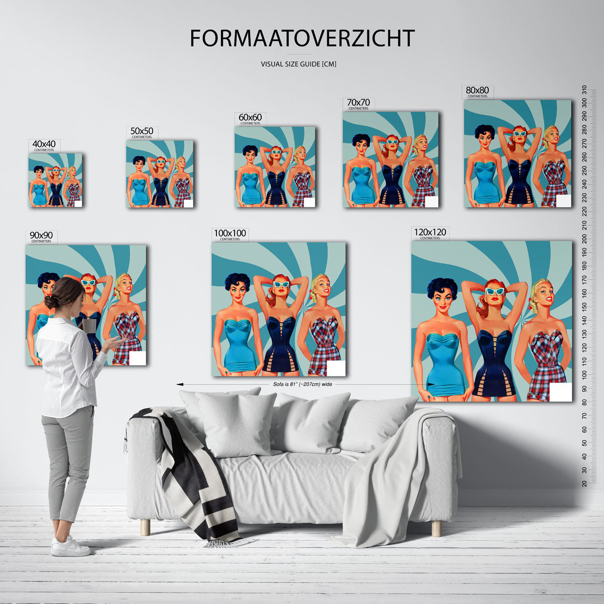 Drie vrouwen in badkleding – kleurrijke vierkante muurposter in Pop Art stijl