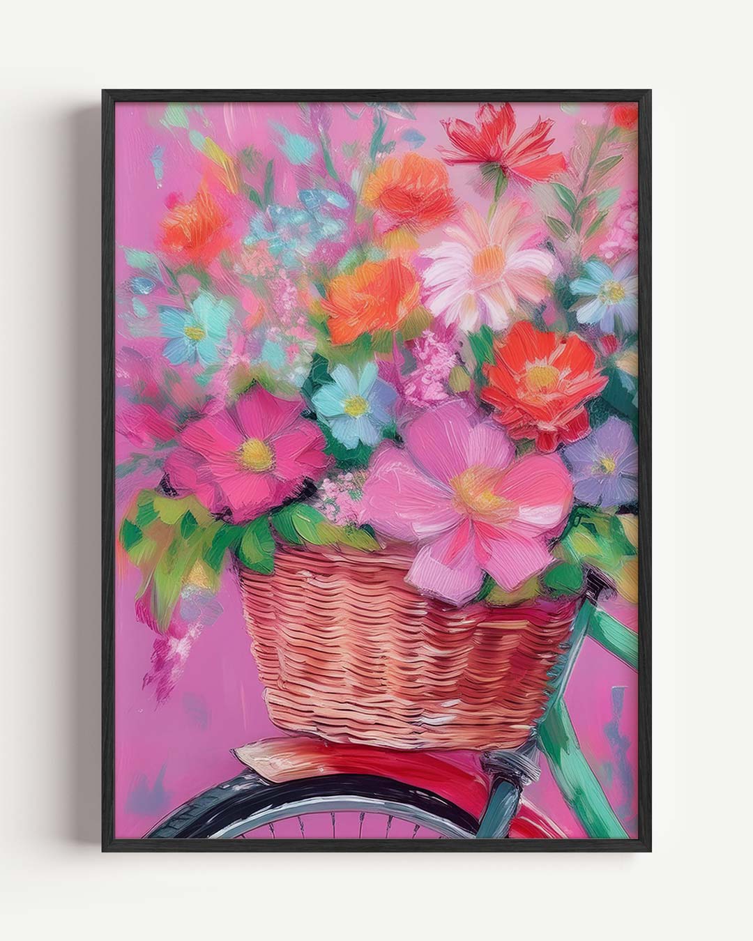 Bloemenmand op Roze Fiets – bloemen portret poster als wanddecoratie