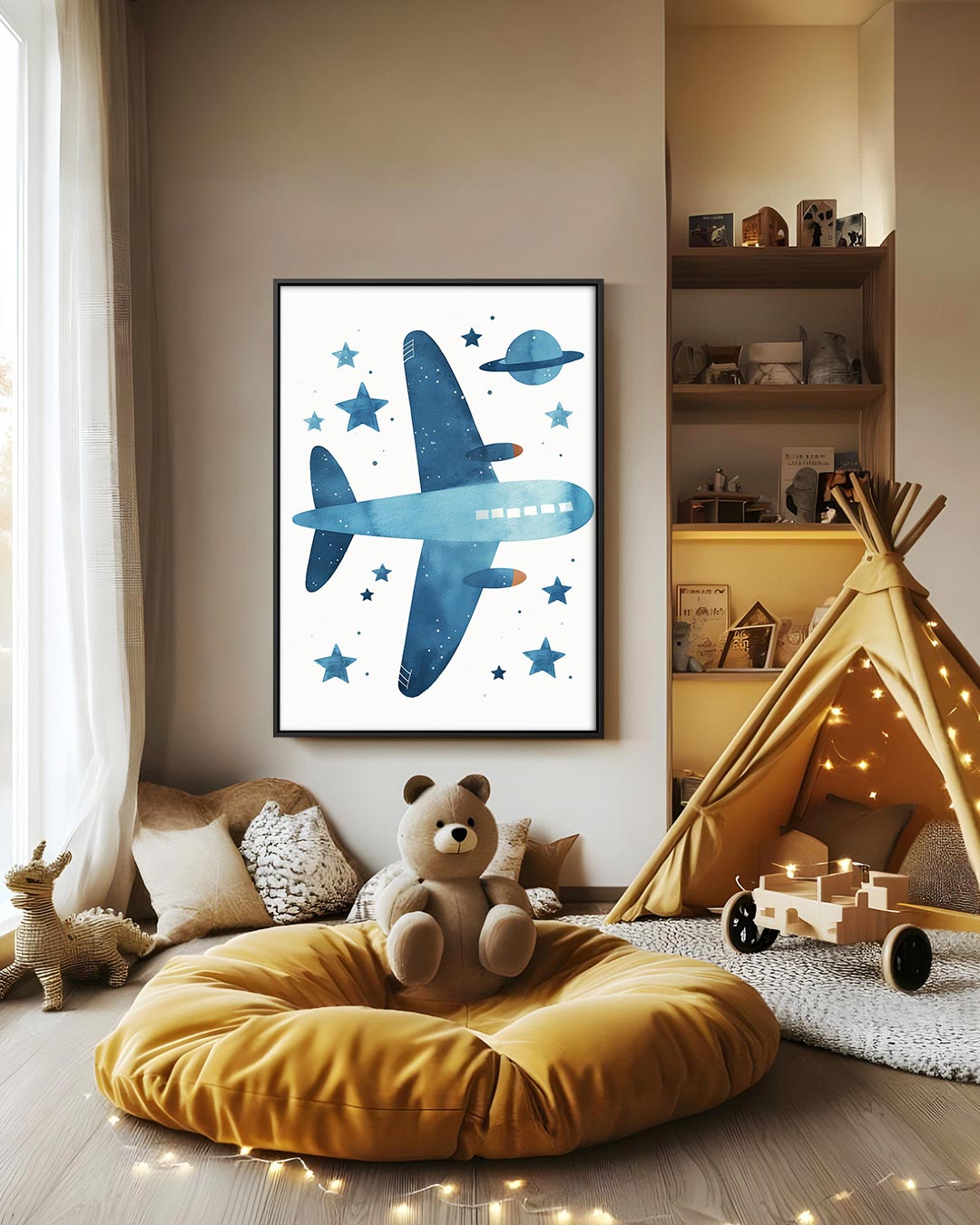 Vliegtuig en sterren – decoratief kunstwerk voor aan de muur