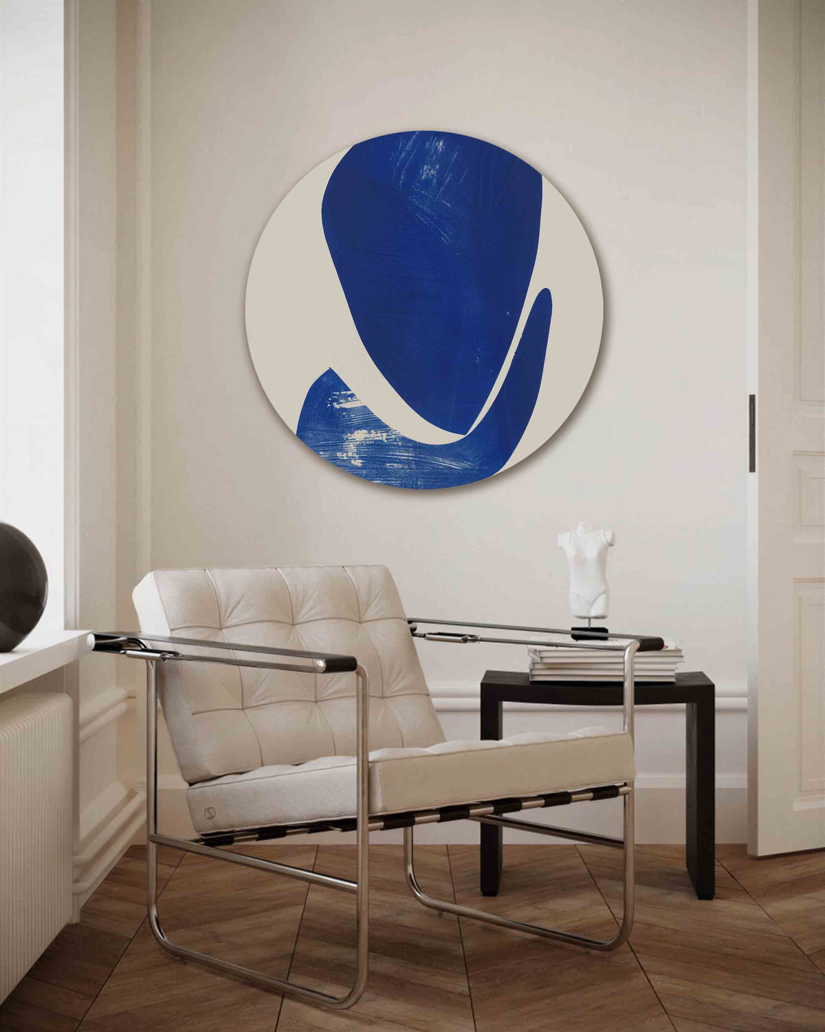 Abstracte blauwe vormen – kleurrijke muurcirkel als ronde wanddecoratie