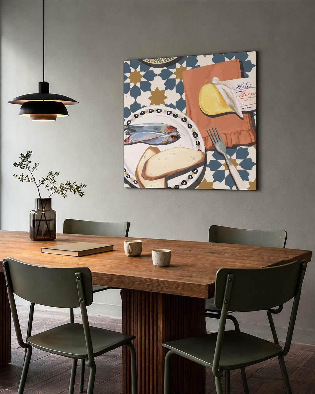 Geometrisch ontbijt tafereel kunstwerk – tweede productweergave – dit werk toont een tafel met vis, brood en boter op een