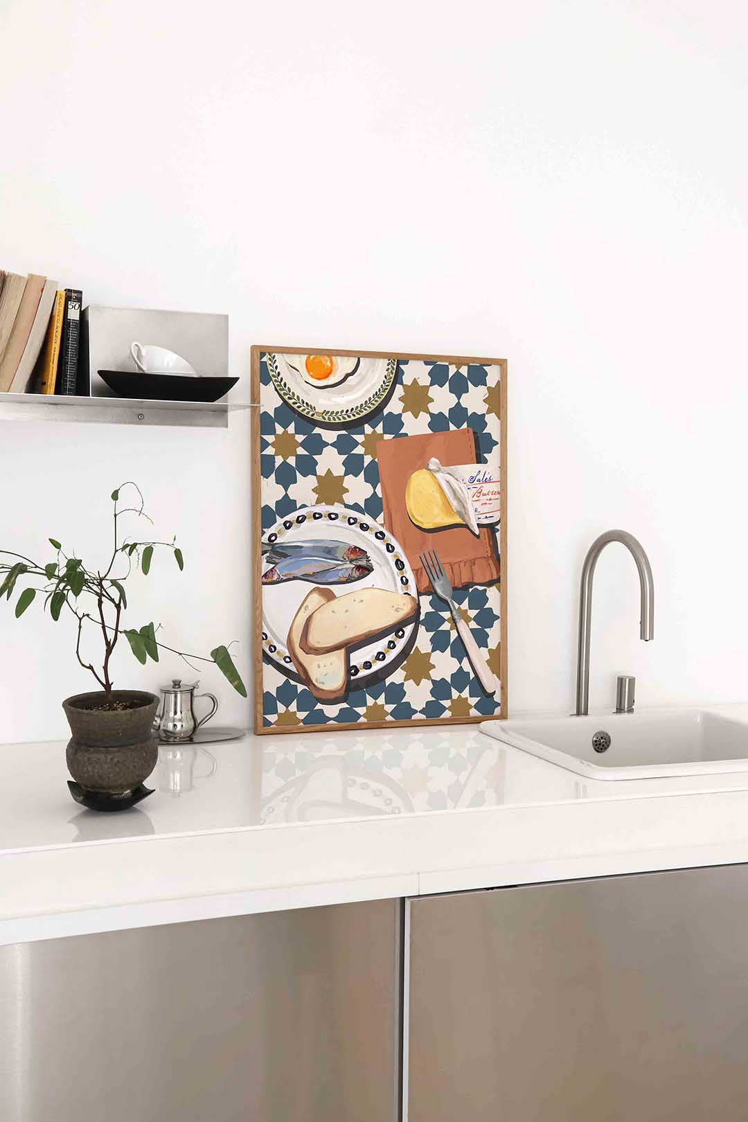 Ontbijt met vis en brood – staande keuken wanddecoratie van WallArtistic