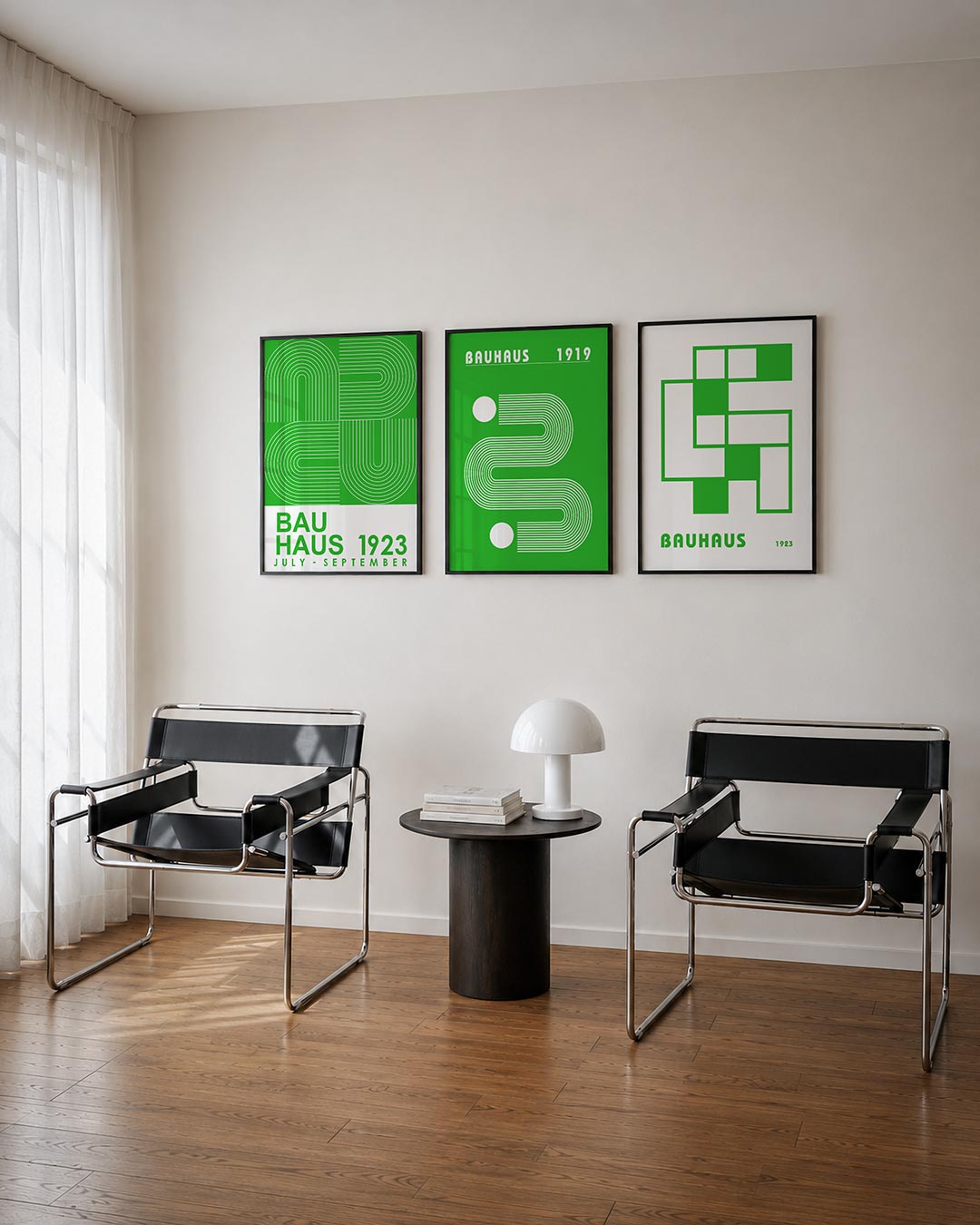 Lijnen en kleurvlakken posterset – tweede productweergave – deze posterset in drie delen toont een levendig spel van groene