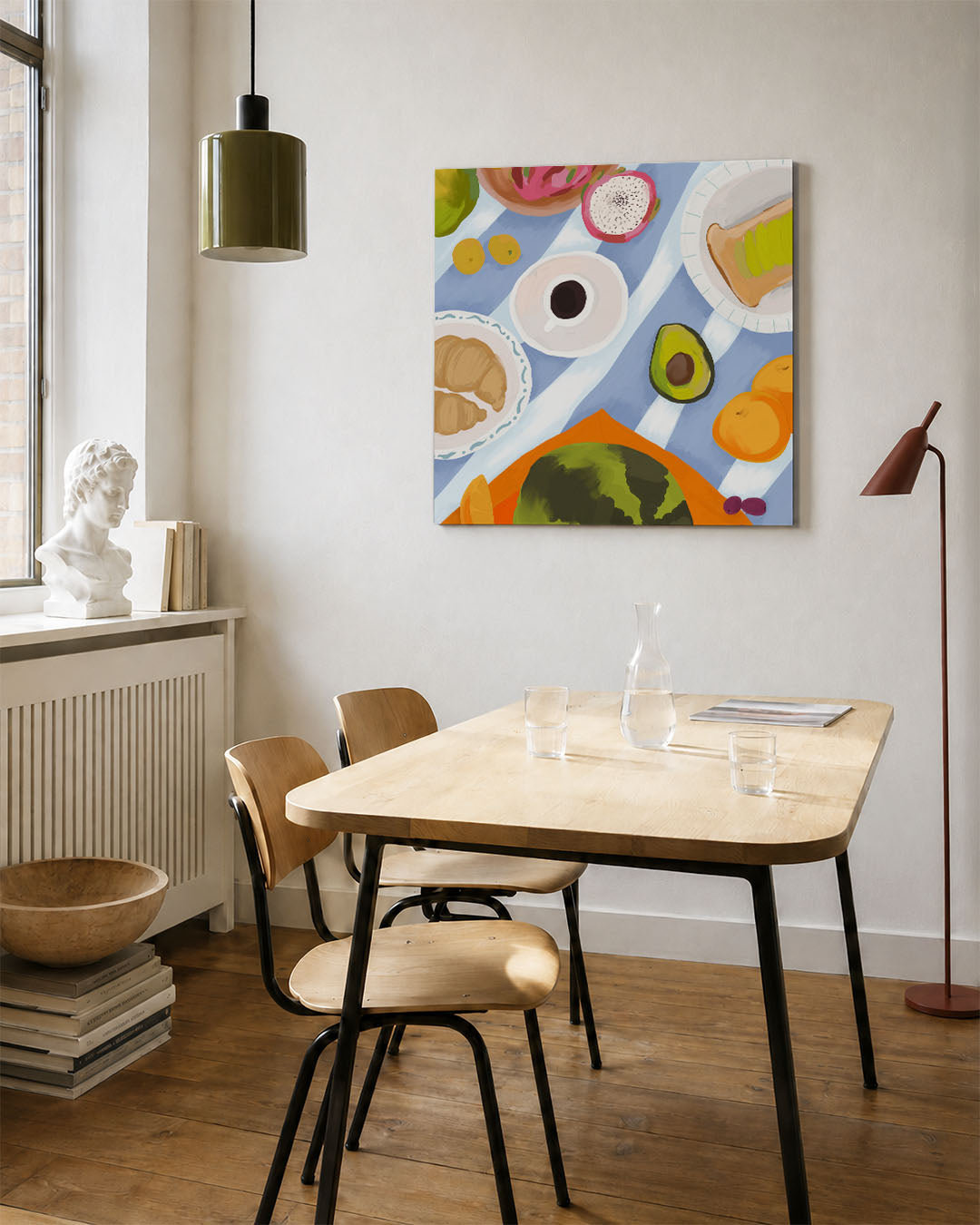 Kleurrijk ontbijt tafereel kunstwerk – vierkante wanddecoratie – dit toont een levendig ontbijt met diverse etenswaren op een