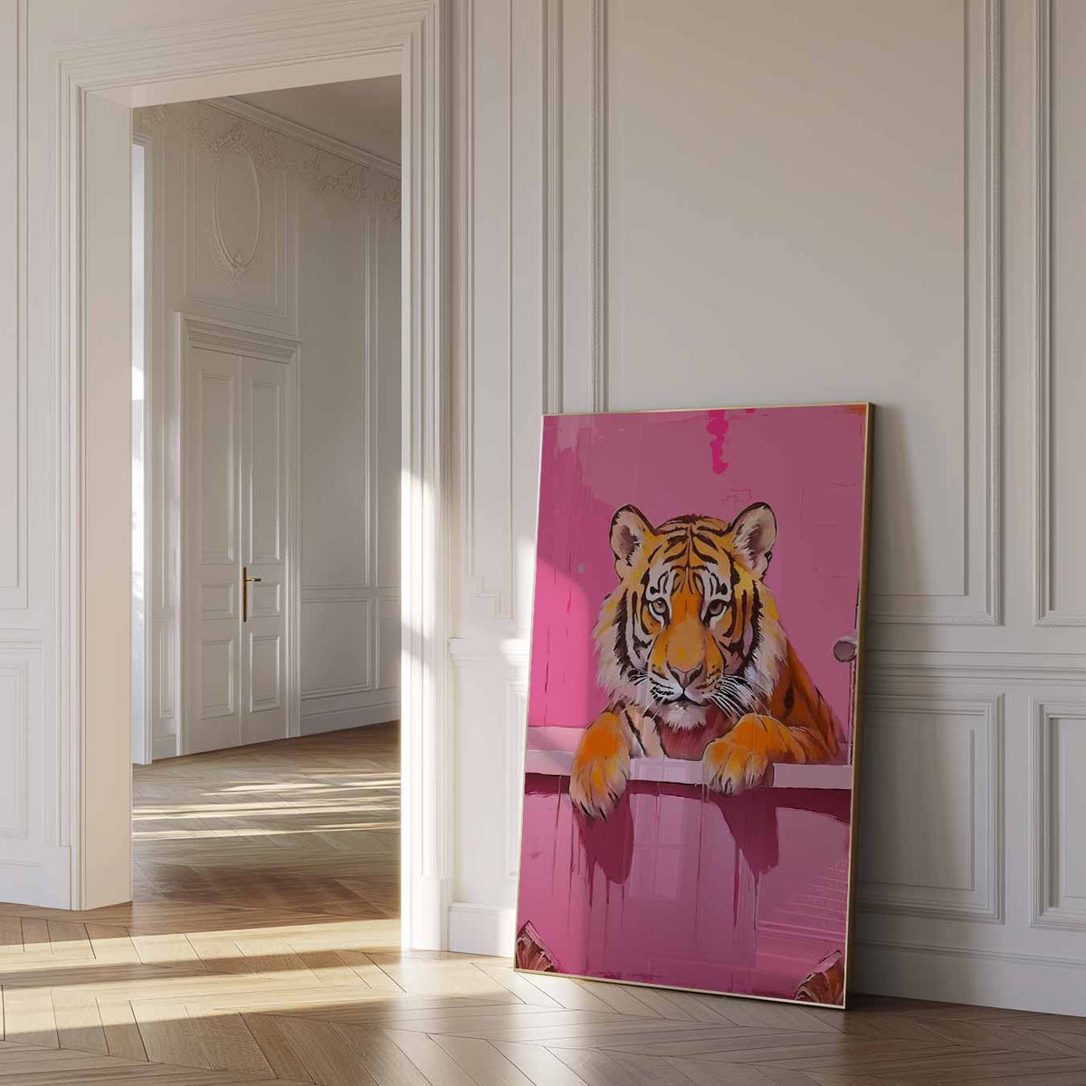 Tijger in Badkuip – dierenposter als moderne staande wanddecoratie