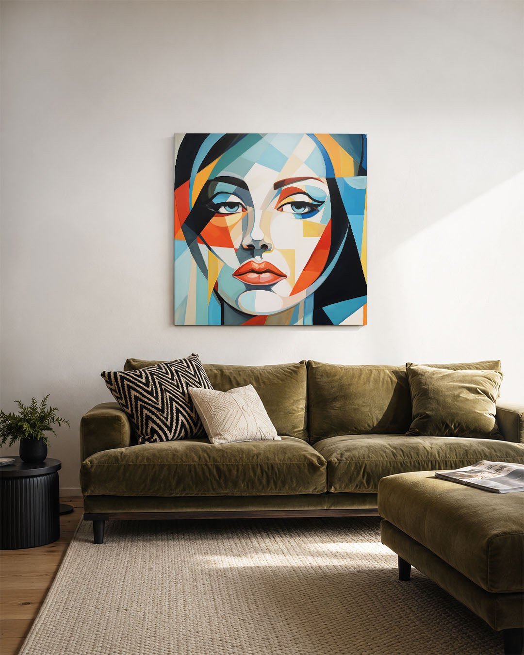 Geometrisch portret kunstwerk – derde productweergave – dit werk toont een gezicht opgebouwd uit geometrische vormen en
